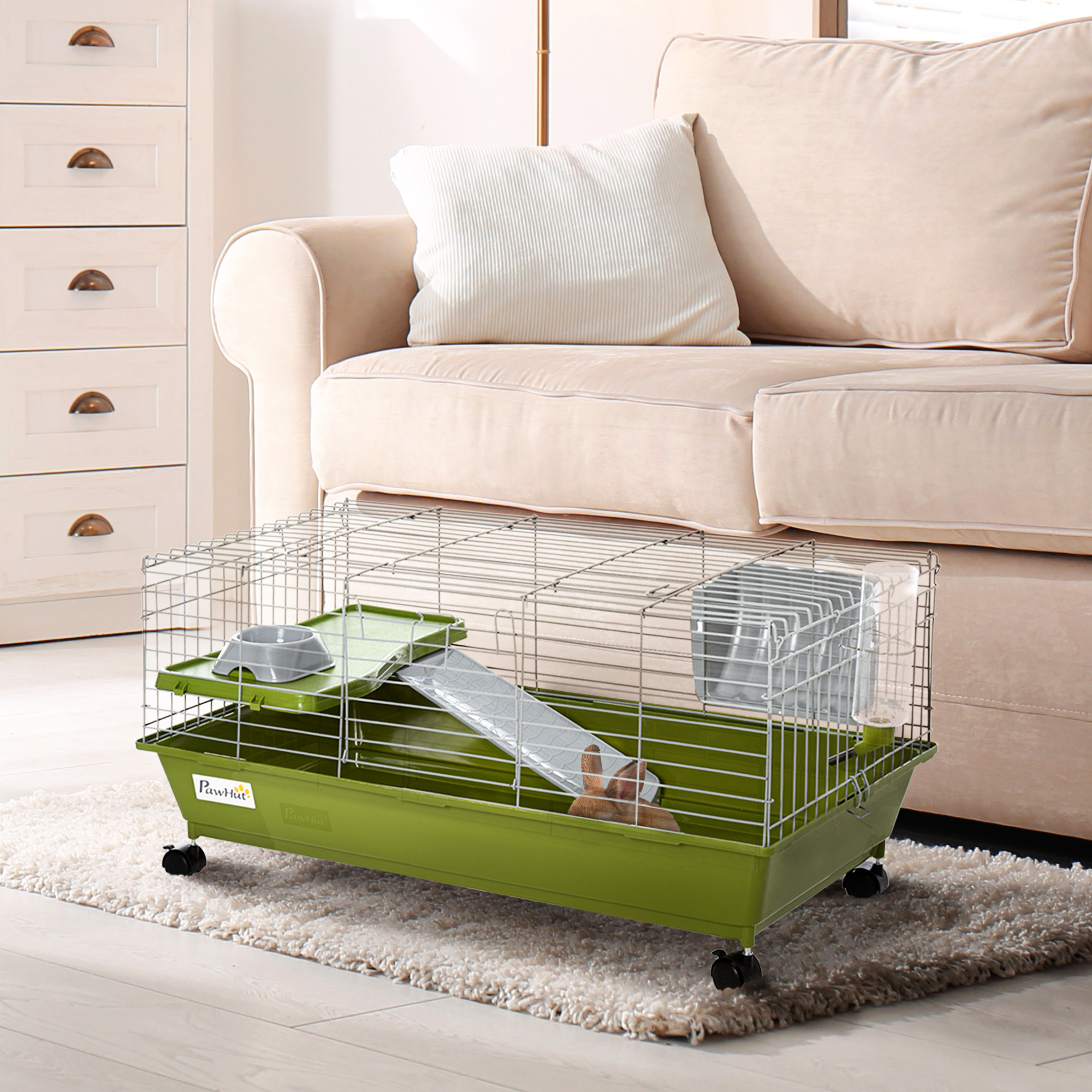 Small Animal Cage, Rolling Bunny Cage, Guinea Pig Cage with Food Dish, Water Bottle, Hay Feeder, Platform, Ramp, Green