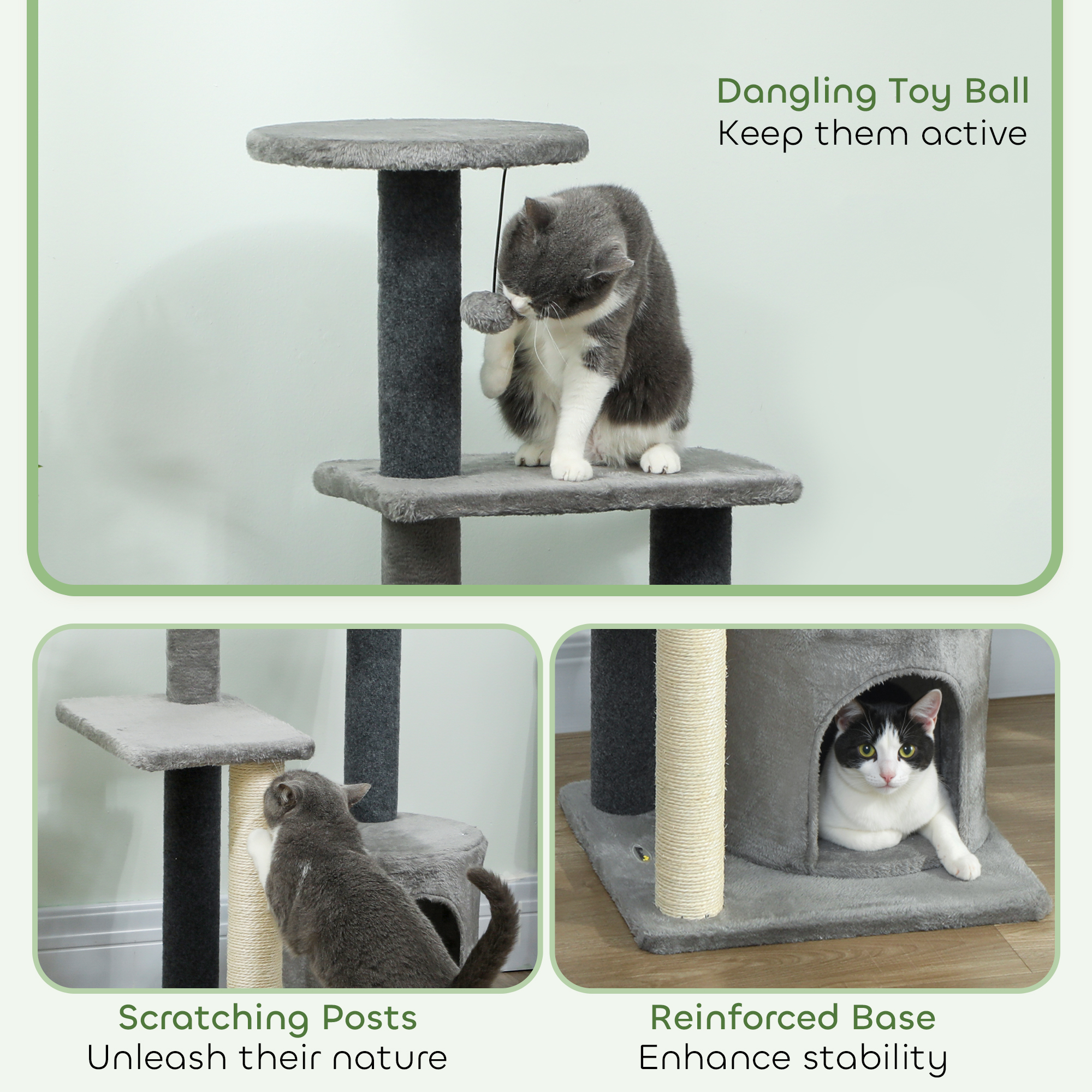 Cat Tree Cat Tower Multi-Level with Sisal Scratching Post for Kittens and Adults Grey Large 41"H