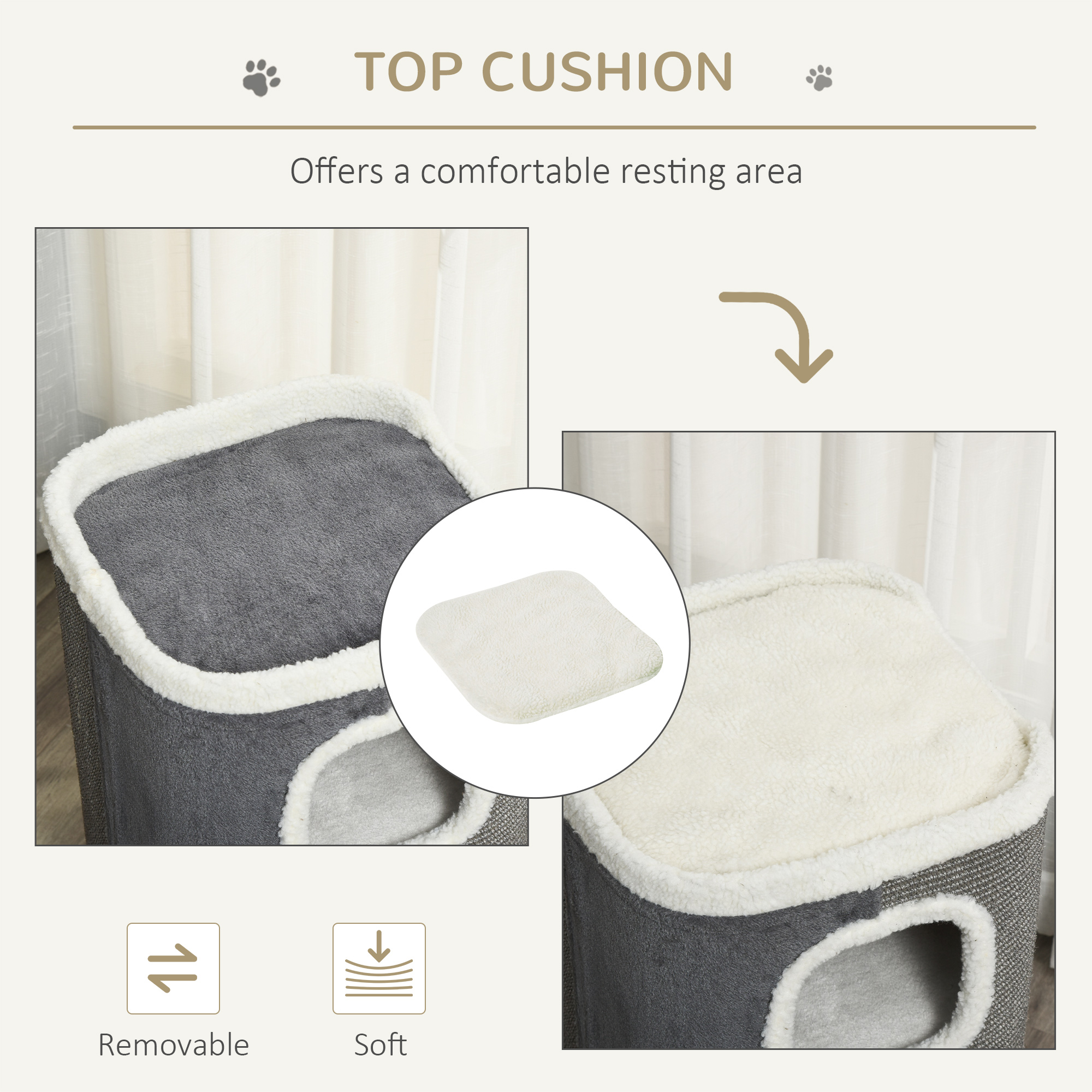 4-Story Cat House for Indoor, Cat Condo with Sisal Scratching Surface, Removable Cushion, 16" x 16" x 29", Grey