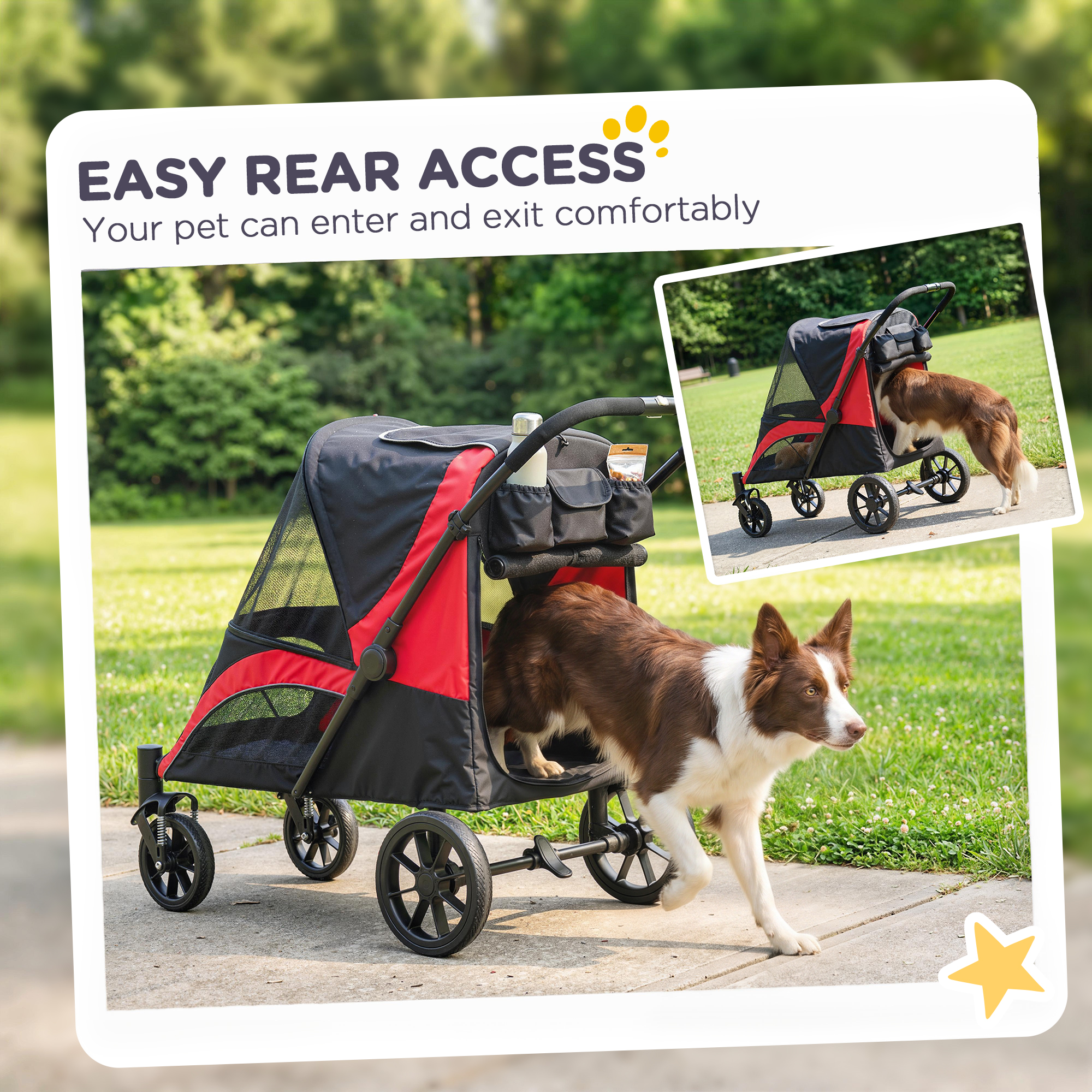 Foldable Pet Stroller for Medium Dogs with Four Big Wheels, Shock-Absorbing Frame, Safety Leashes, Brakes, Black