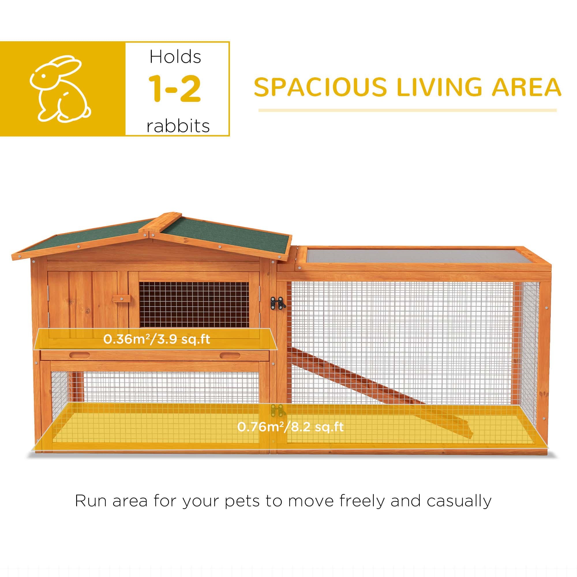 Wooden Rabbit Hutch Guinea Pig House with Removable Tray, Openable Roof, Trough, Run for Tortoises and Ferrets, Orange