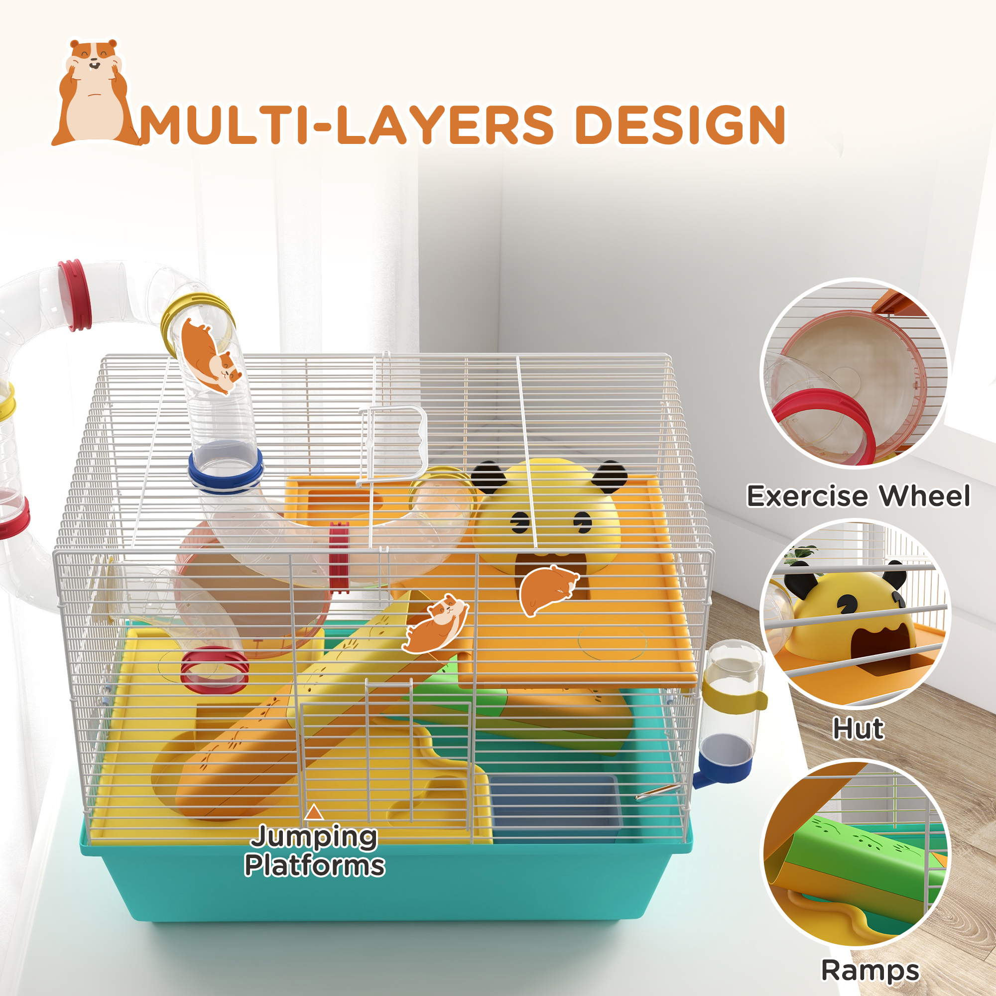 3 Tiers Hamster Cage for Gerbil, Dwarf Hamster with Tunnels, Water Bottle, Exercise Wheel, 18" x 11" x 15" - Light Blue
