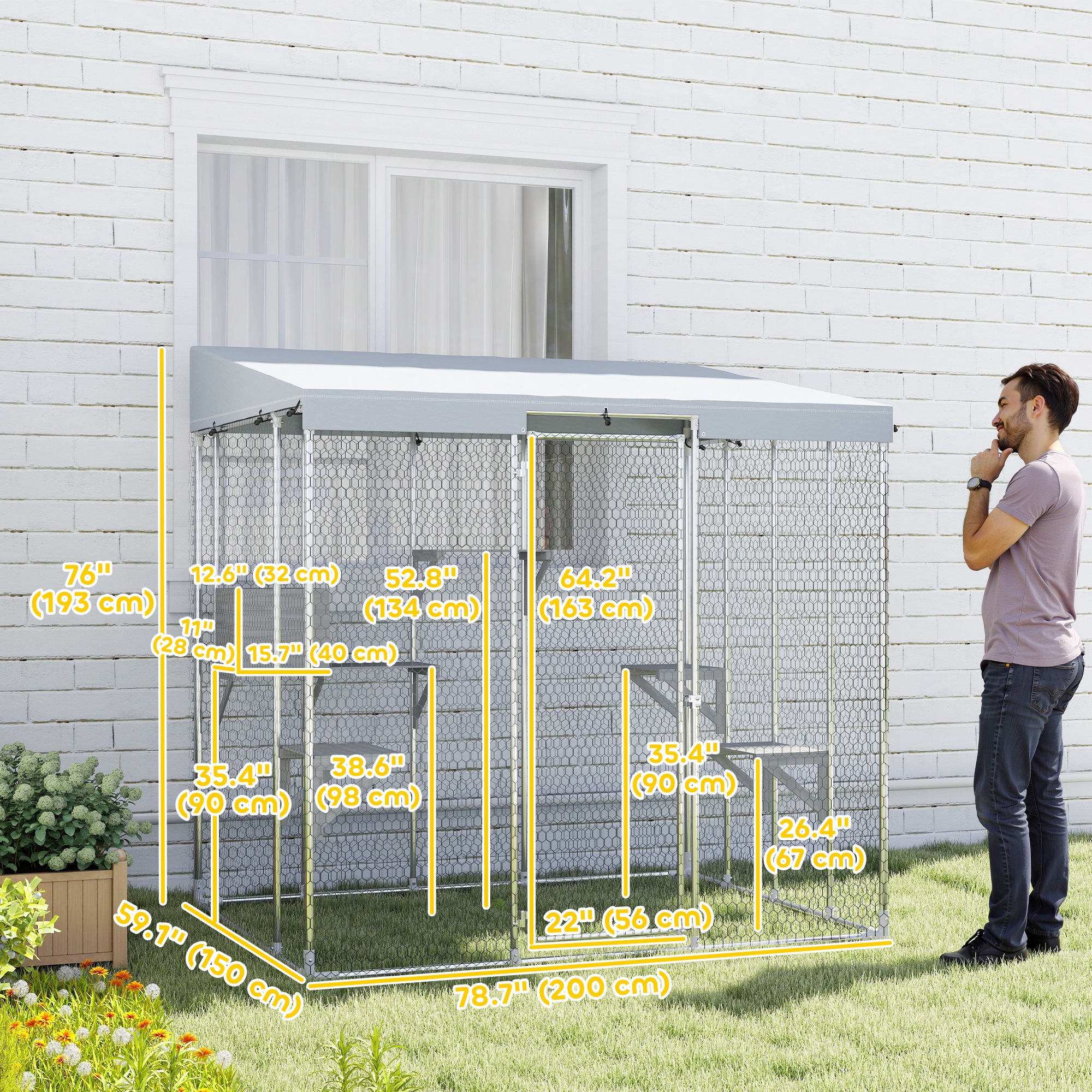 79" L Galvanized Steel Catio Outdoor Cat Enclosure w/ 420D Waterproof Canopy, Multiple Platforms, Resting Condo, Silver