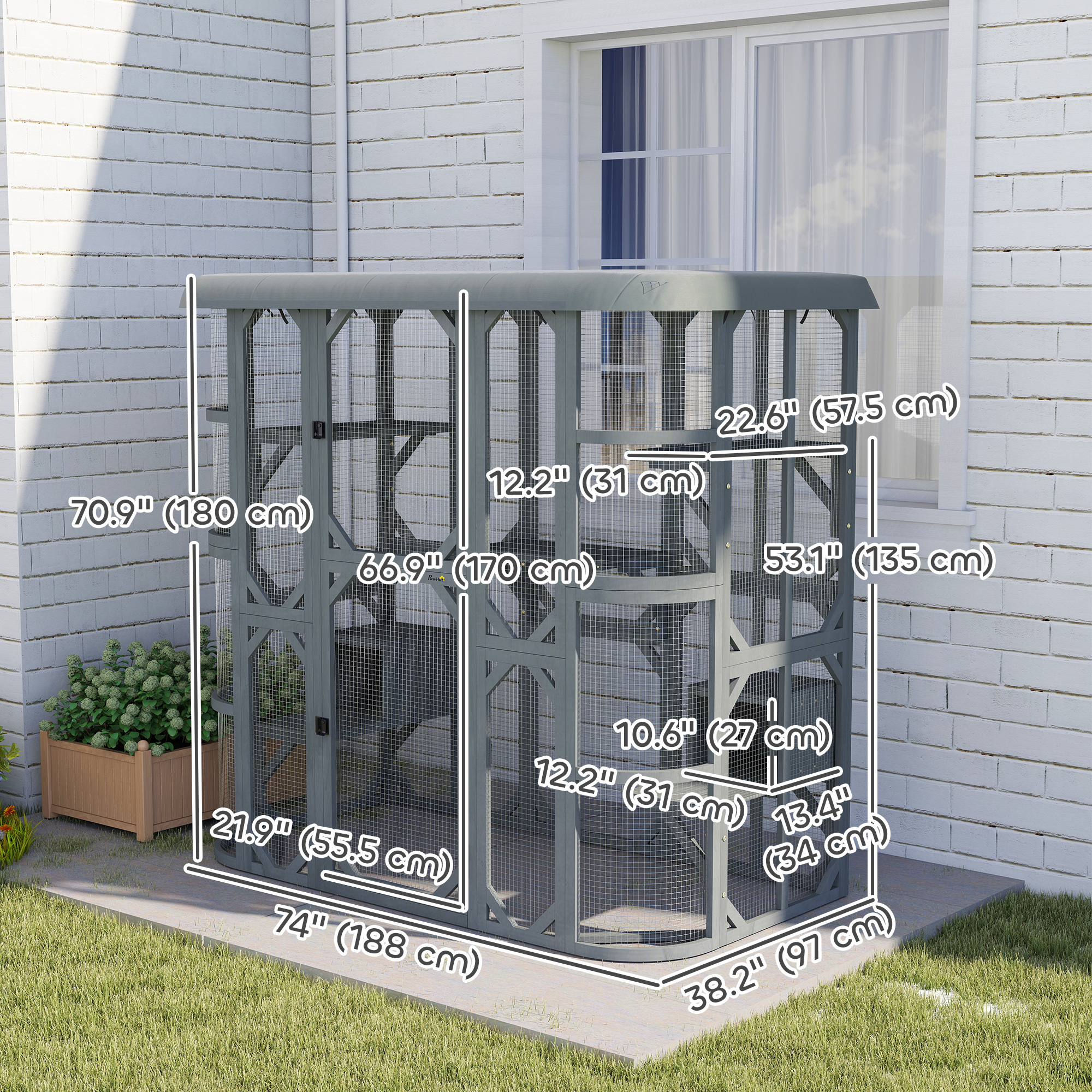 Catio Outdoor Cat Enclosure, 71" Wooden Cat House with Platforms, Condos and Waterproof Cover for 2–3 Kittens, Grey