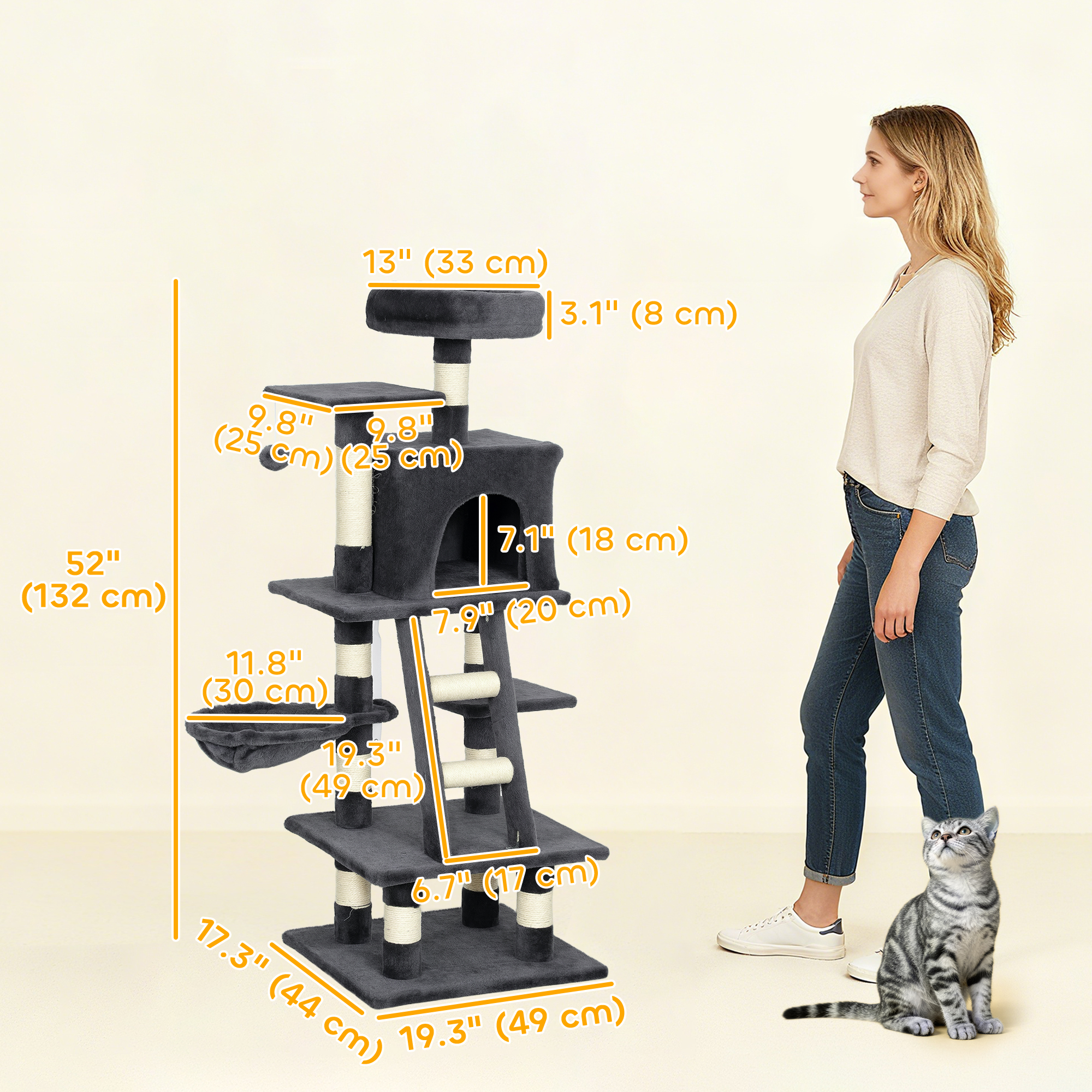 52 Inch Large Cat Tree for Indoor Cats, Dark Grey