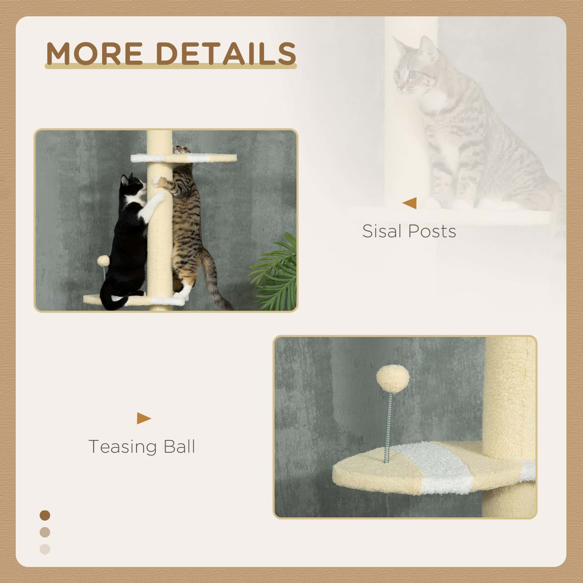 87"-102" Floor to Ceiling Cat Tree w/ Sisal Scratching Posts, Anti-tip Kit, Perches, Toy Ball, Yellow - Image 6