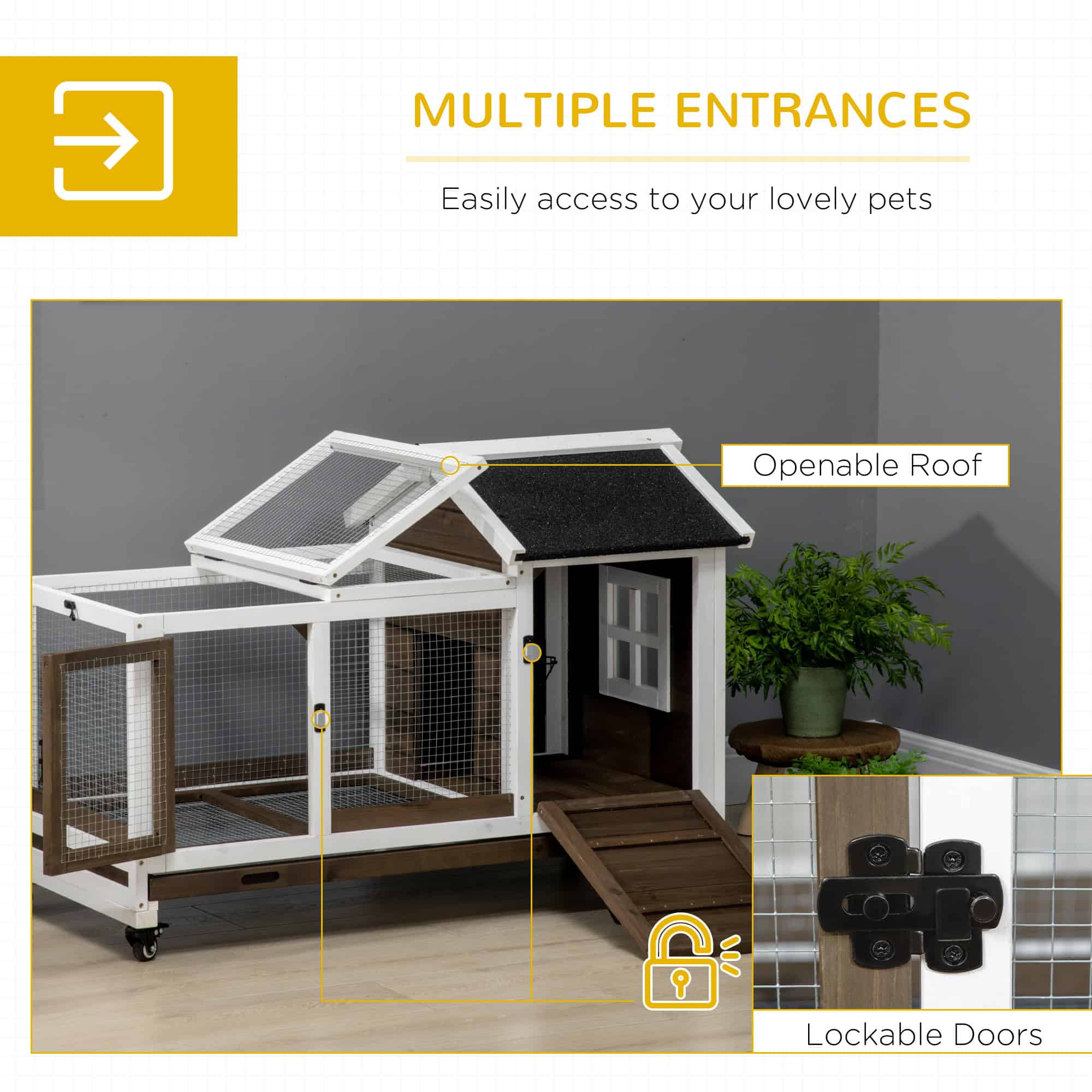 Rabbit Cage with Wheels, Ramp, Run, Tray for Indoor Outdoor, Suitable for Rabbit, Guinea Pig, Coffee - Image 5