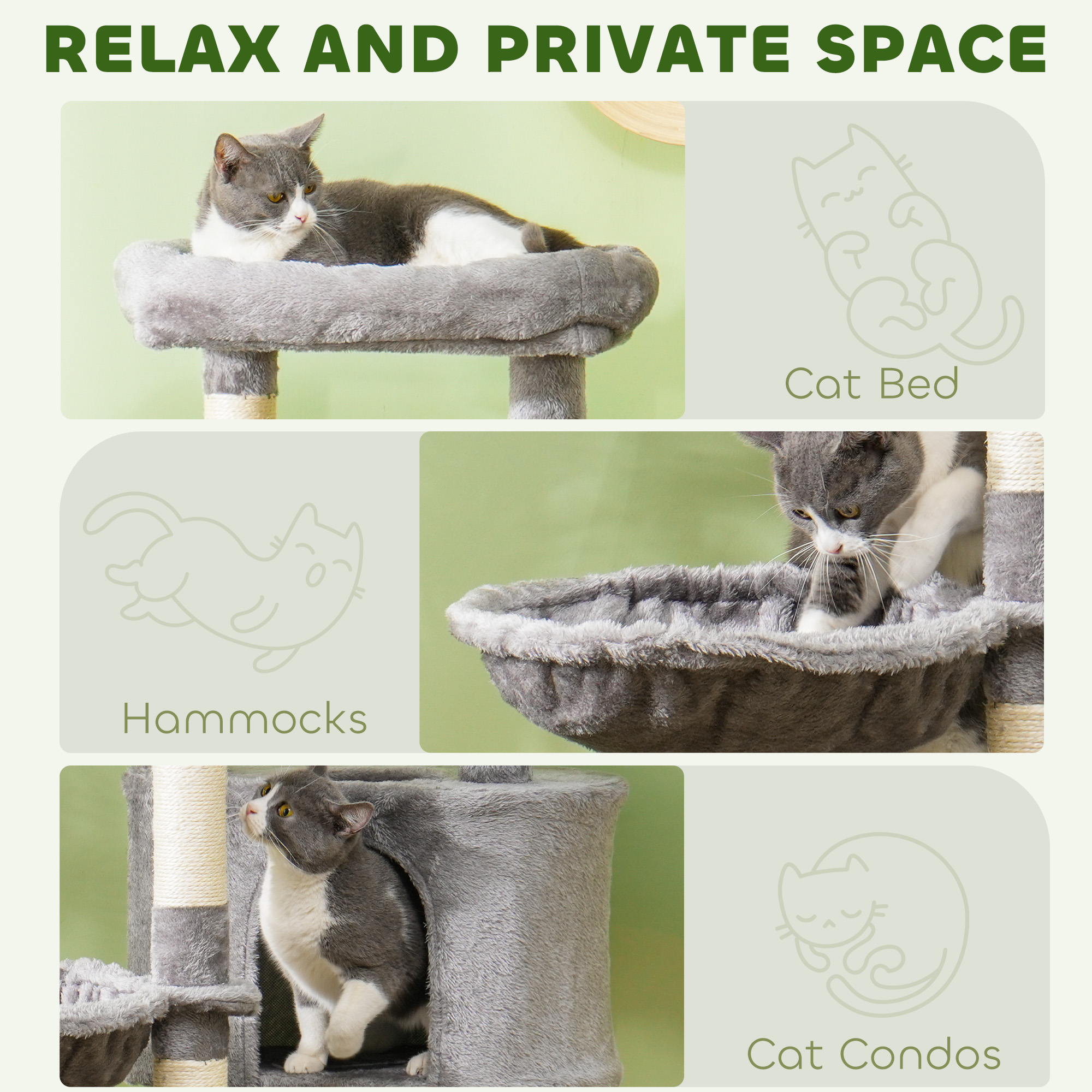 52.5" Cat Tree Tower with Scratching Posts, Cat Condos, Bed, Platforms, Hammocks, for Indoor Cats, Grey