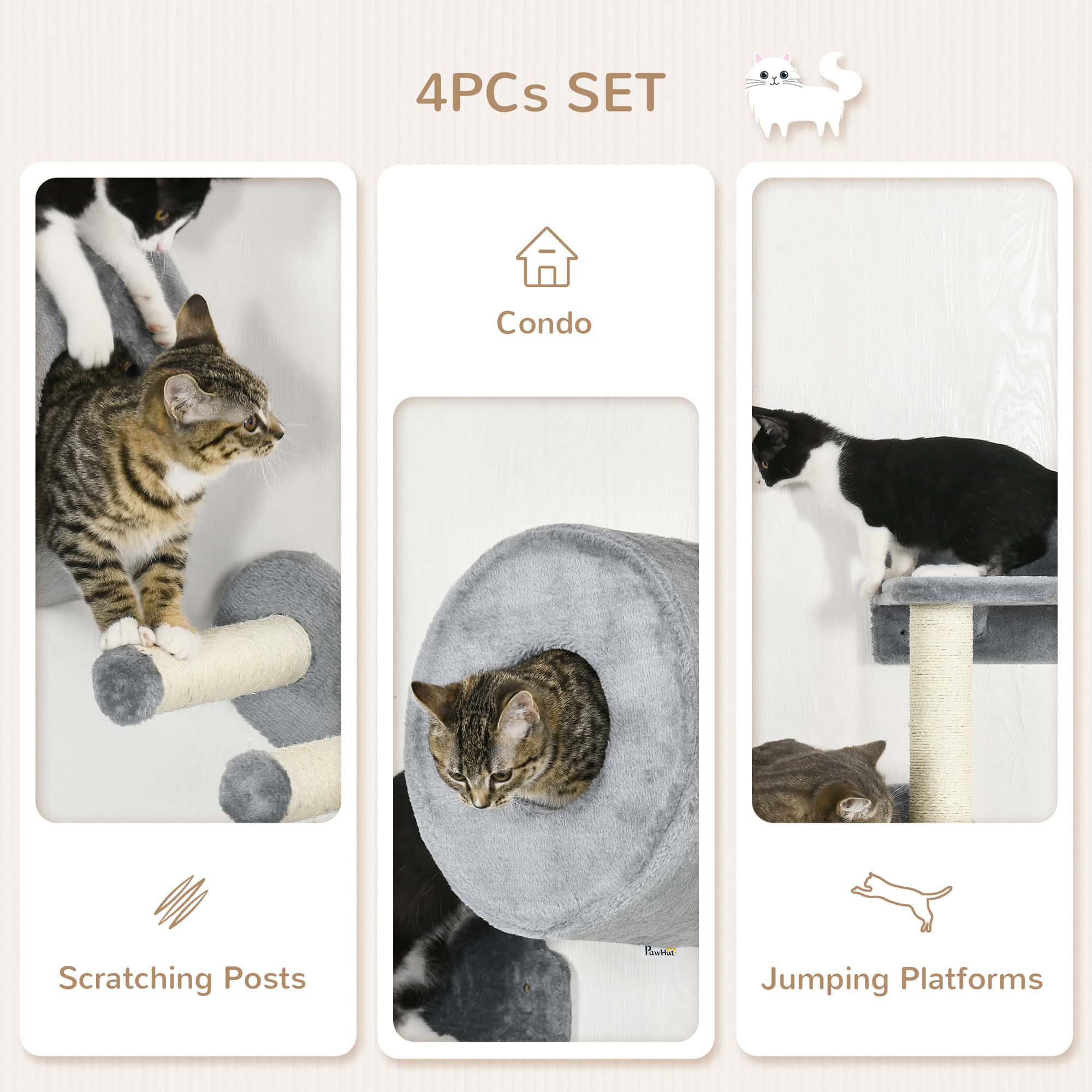 4 PCs 9.3" H Cat Wall Shelves, Pet Wall-mounted Climbing Shelf Set, Kitten Activity Centre with Condo, Cushion, Scratching Post, Jumping Platform, Grey - Image 5