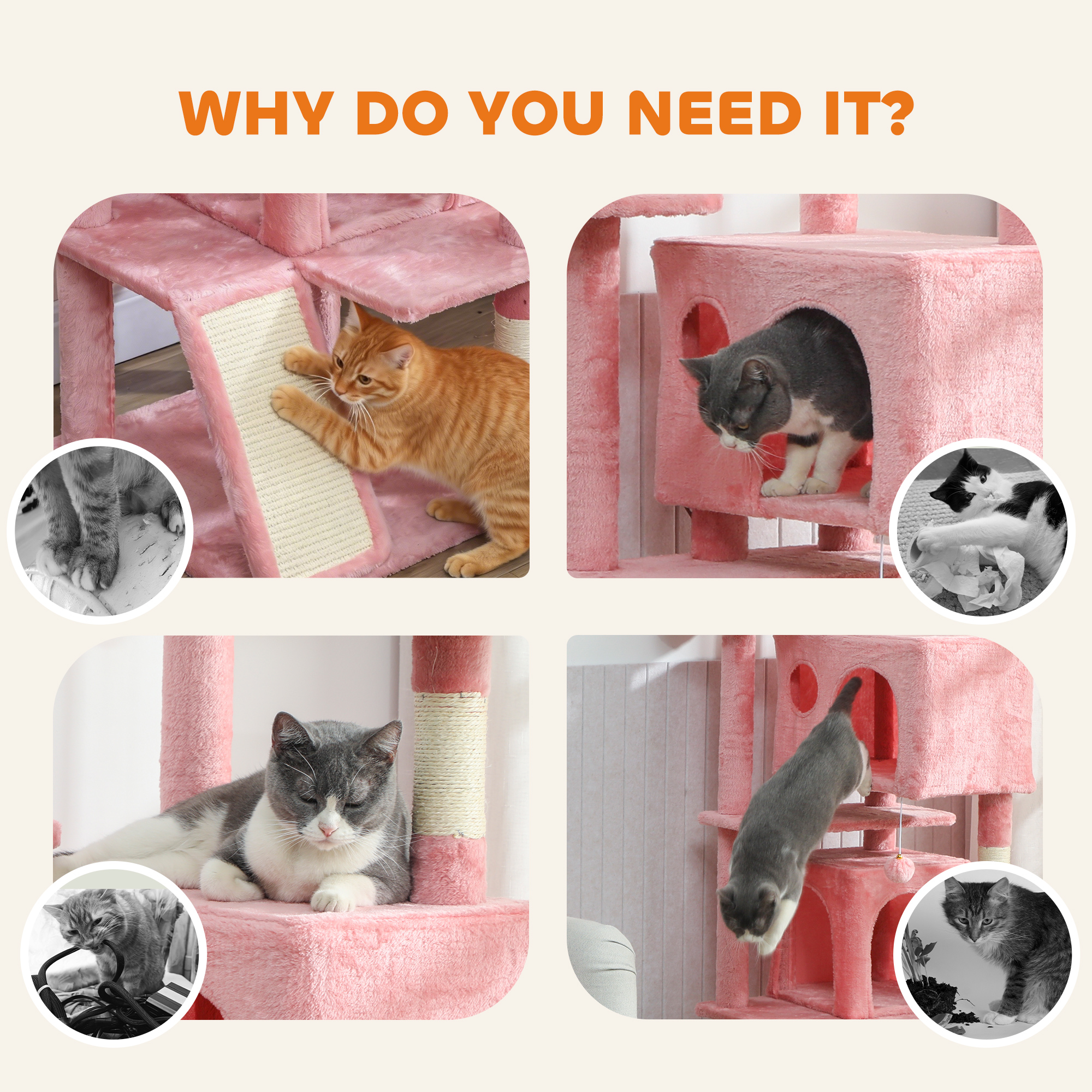 63" Cat Tree, Multi-Level Cat Tower with Scratching Posts, Cat Condos, Bed, Platforms, Ramp, Toy Ball, Pink