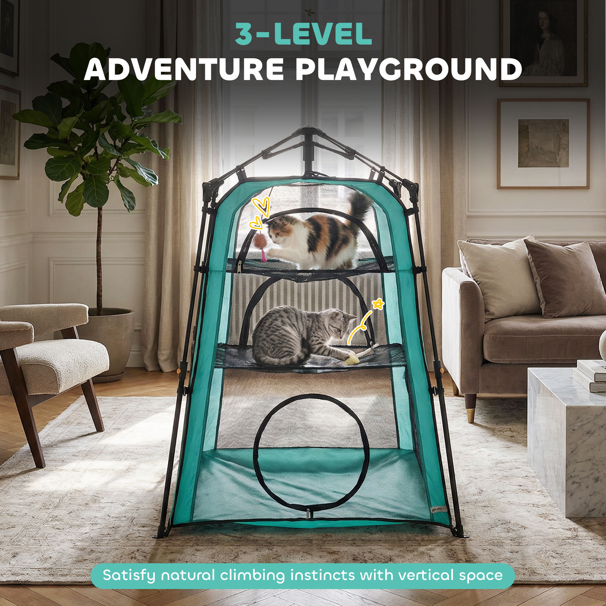 Cat Tent, 3-Tier Portable Pet Tent for Indoor Outdoor, Cat House with Multi-Door, Carry Bag, Breathable Mesh