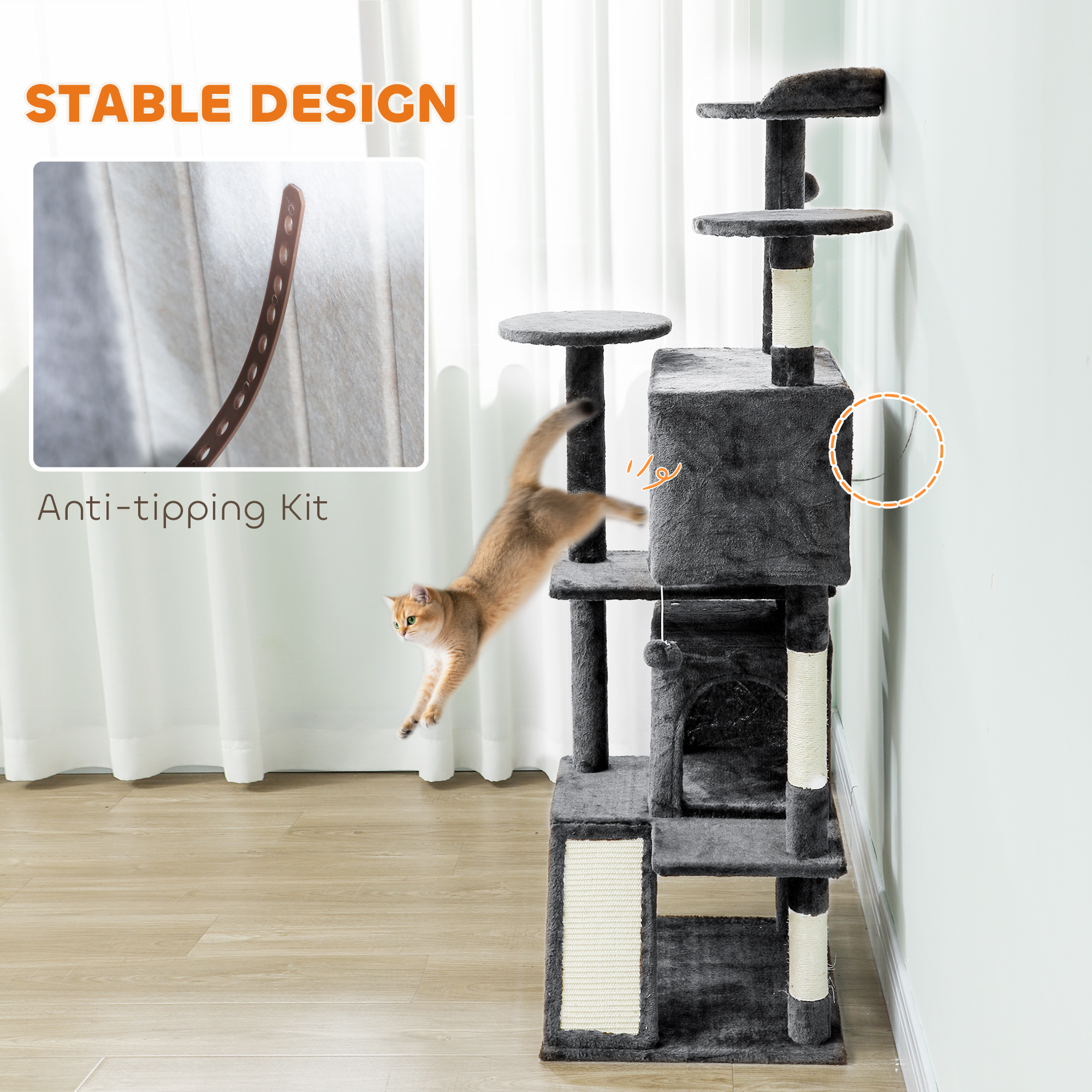 63" Cat Tree, Multi-Level Cat Tower with Scratching Posts, Cat Condos, Bed, Platforms, Ramp, Toy Ball, Dark Grey
