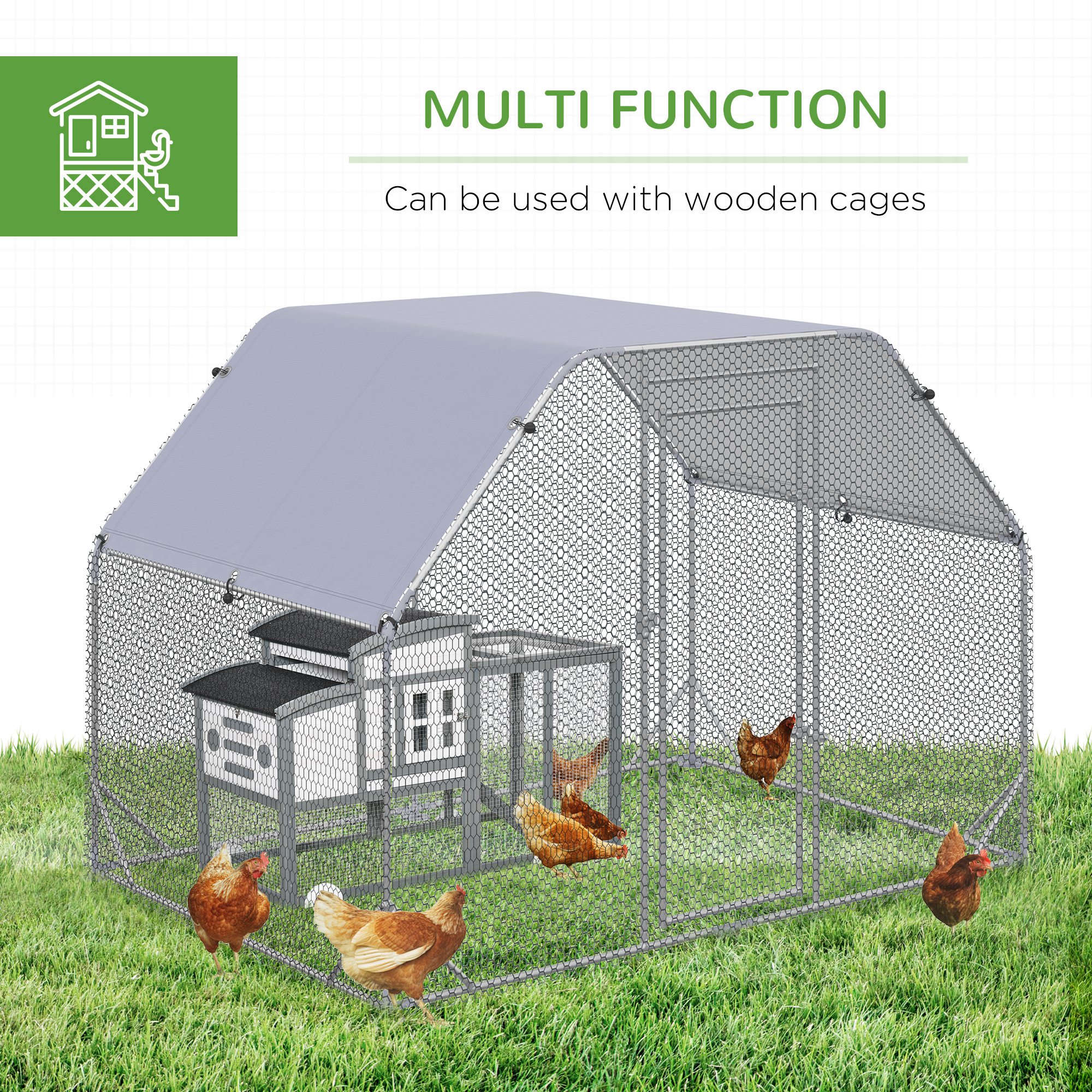 Chicken Run Outdoor, Galvanized Large Metal Chicken Coop Cage, Walk-in Enclosure Poultry Hen Run House Playpen Rabbit Hutch with Flat Roof, Cover, 9.2'x6.2'x6.5', Silver