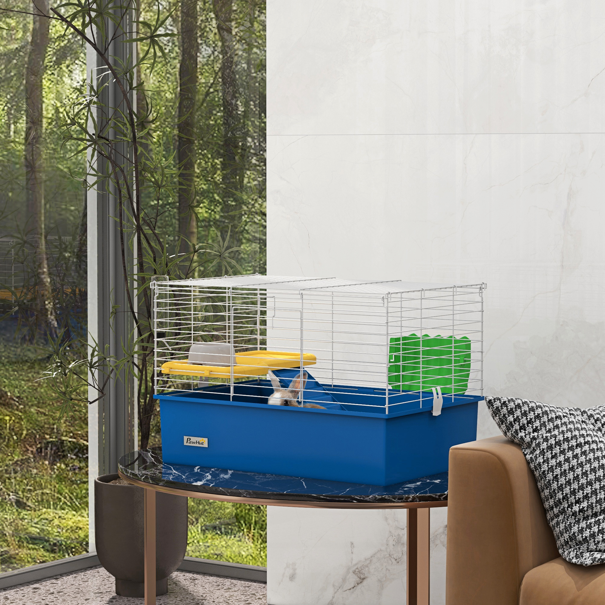 18.5" Small Animal Cage with Water Bottle, Food Dish, Platform, Ramp, Blue