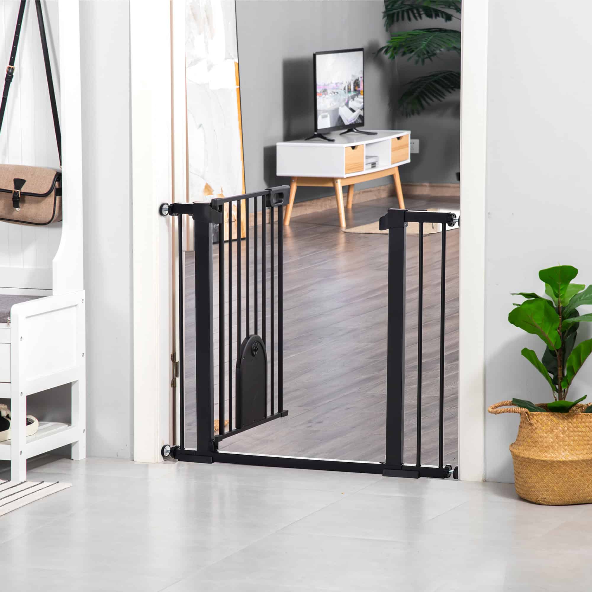30"-41" Extra Wide Pet Gate Barrier with Small Door, 30"H Dog Gate with Safety Gate Barrier, Stair Pressure Fit, Black