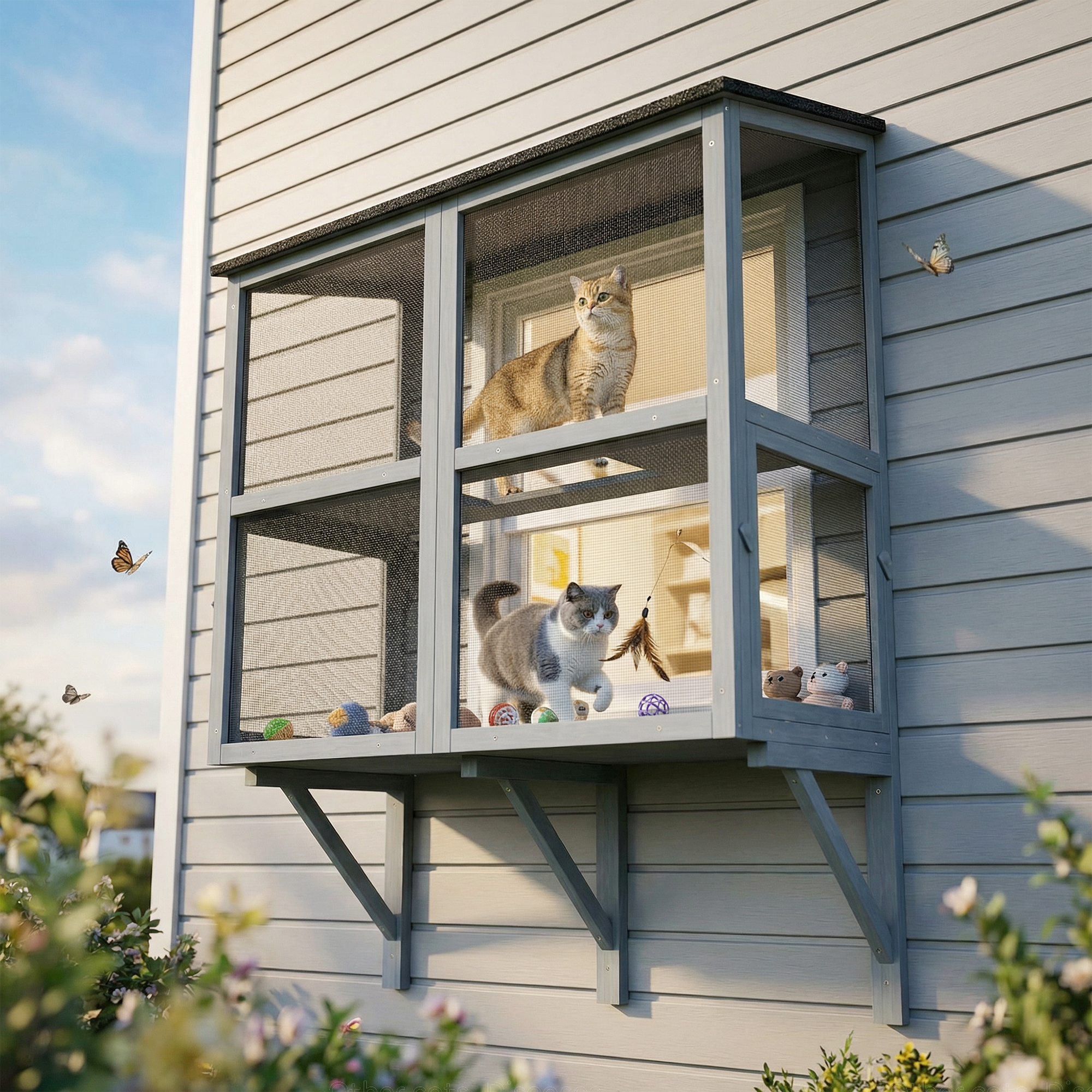 Catio Outdoor Cat Enclosure Wall-Mounted 2-Level Outdoor Cat House with Waterproof Roof 39.4" Grey