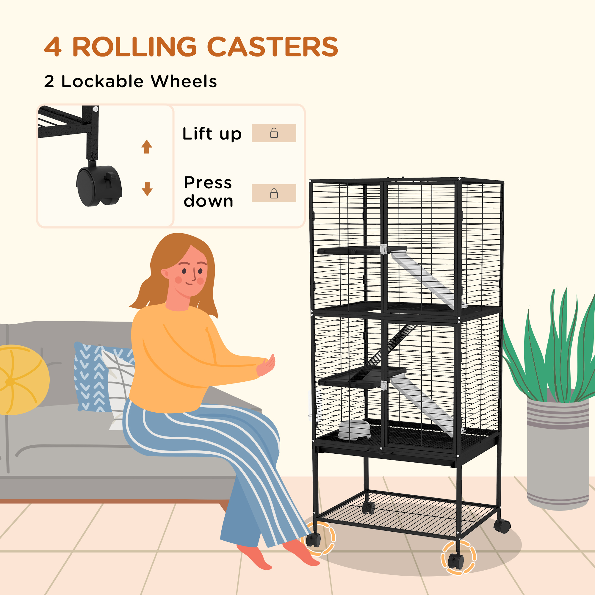 Rolling Small Animal Cage 53.5"H Chinchilla Cage for Ferrets, Squirrels w/ Removable Tray, Storage Shelf, Black - Image 6