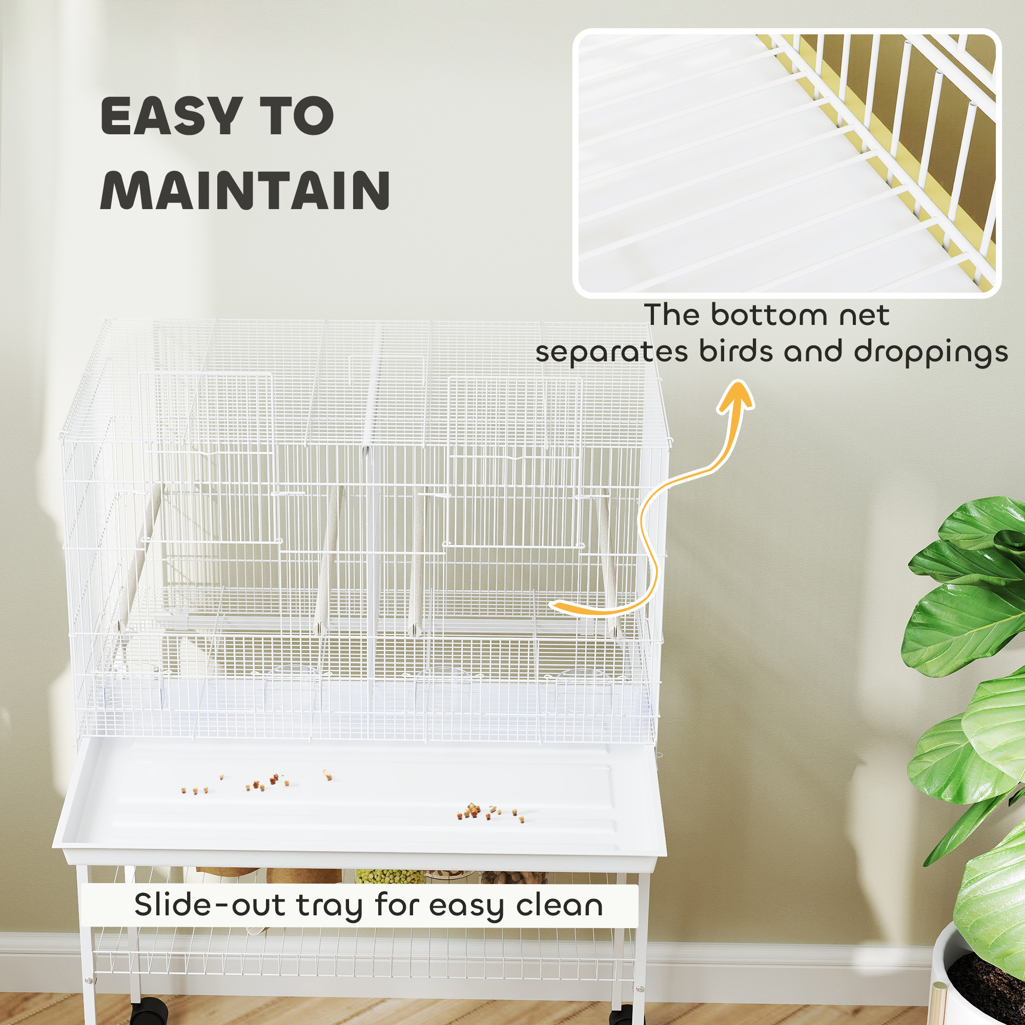 46" H Bird Cage, Large Parakeet Cage for Budgie, Lovebird, Canary, Finches with Divider, White