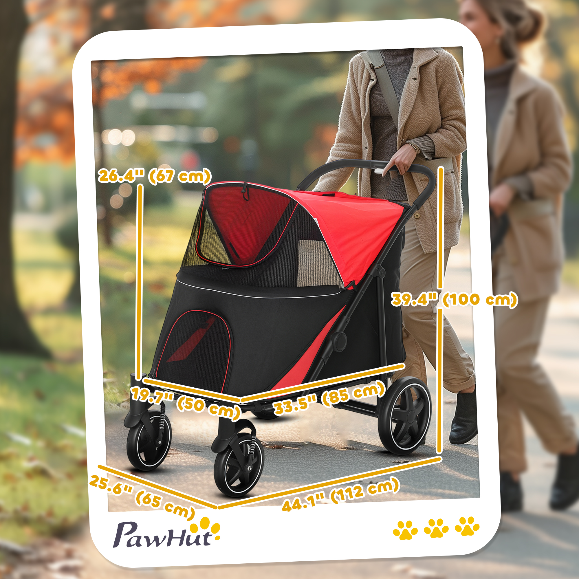 Foldable Pet Stroller with Universal Front Wheels, Shock Absorber, Dog Cat Carriage for Large & Medium Dogs, Red - Image 3
