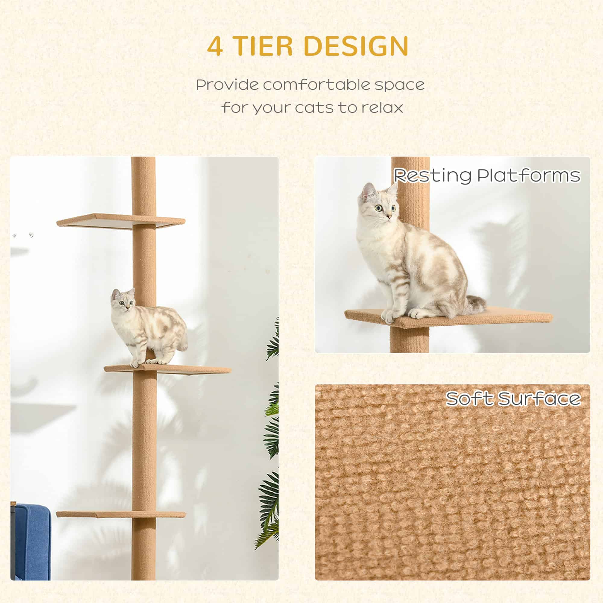 100" Floor To Ceiling Cat Tree w/ 3 Perches Activity Center for Kittens Cat Tower Furniture, Light Brown - Image 6