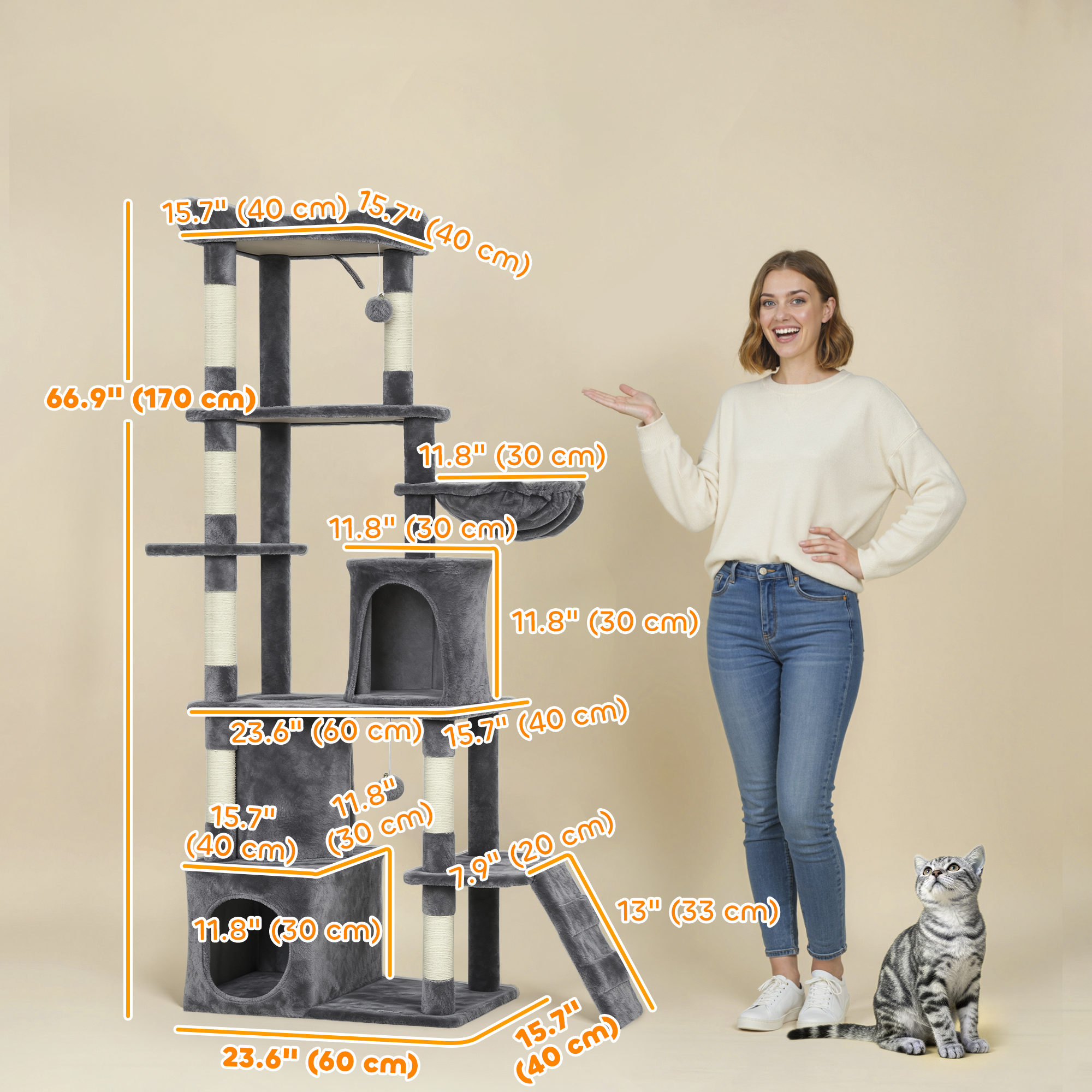 67" Large Cat Tree with 7 Scratching Posts, Tunnel, 2 Condos, Hammock, Perch, Ramp, Pompoms, Dark Grey - Image 3