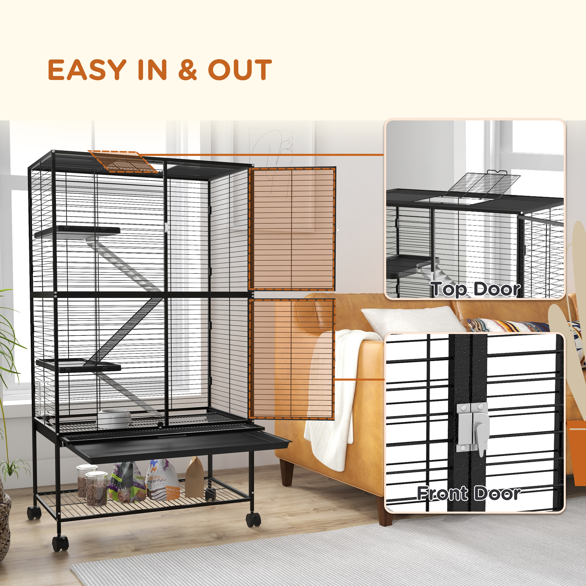 Rolling Small Animal Cage 54"H Chinchilla Cage for Ferrets, Squirrels w/ Removable Tray, Storage Shelf, Black