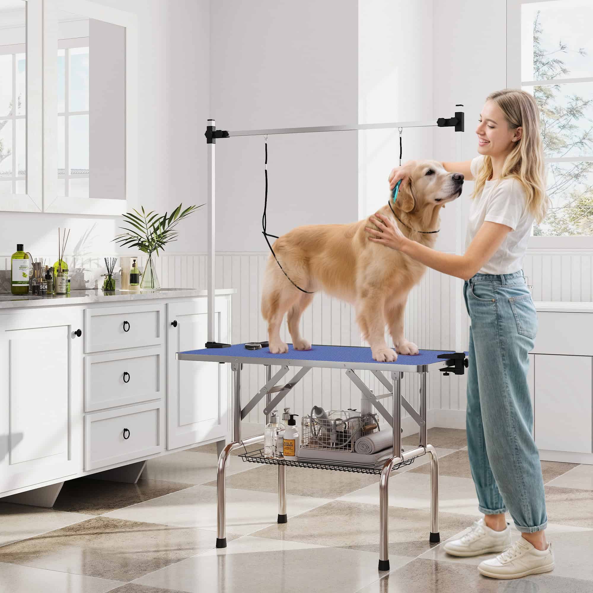 Adjustable Dog Grooming Table with 2 Safety Slings, Storage Basket, Blue