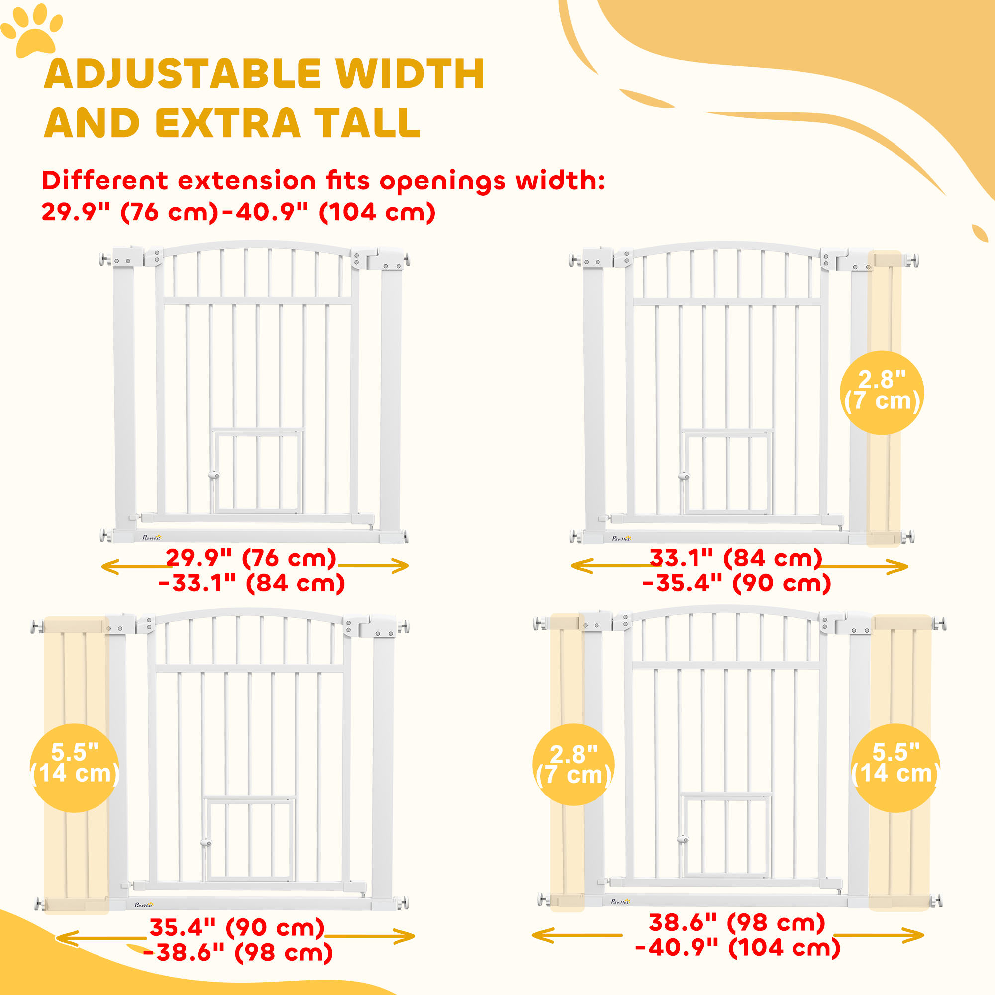 30"-41" Extra Wide Pet Gate with Small Door, 30" H Dog Gate with 3-Inch and 5.5-Inch Extension Kit