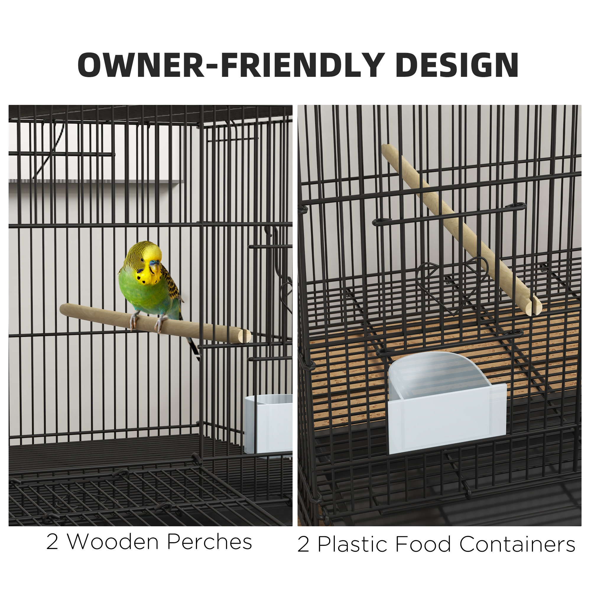 Birdcage for Canaries, Lovebirds Finches, Budgie Cage with Removable Tray, Bottom Mesh Panel, Wooden Perches, Food Containers, 30"L x 18"W x 18"H, Black
