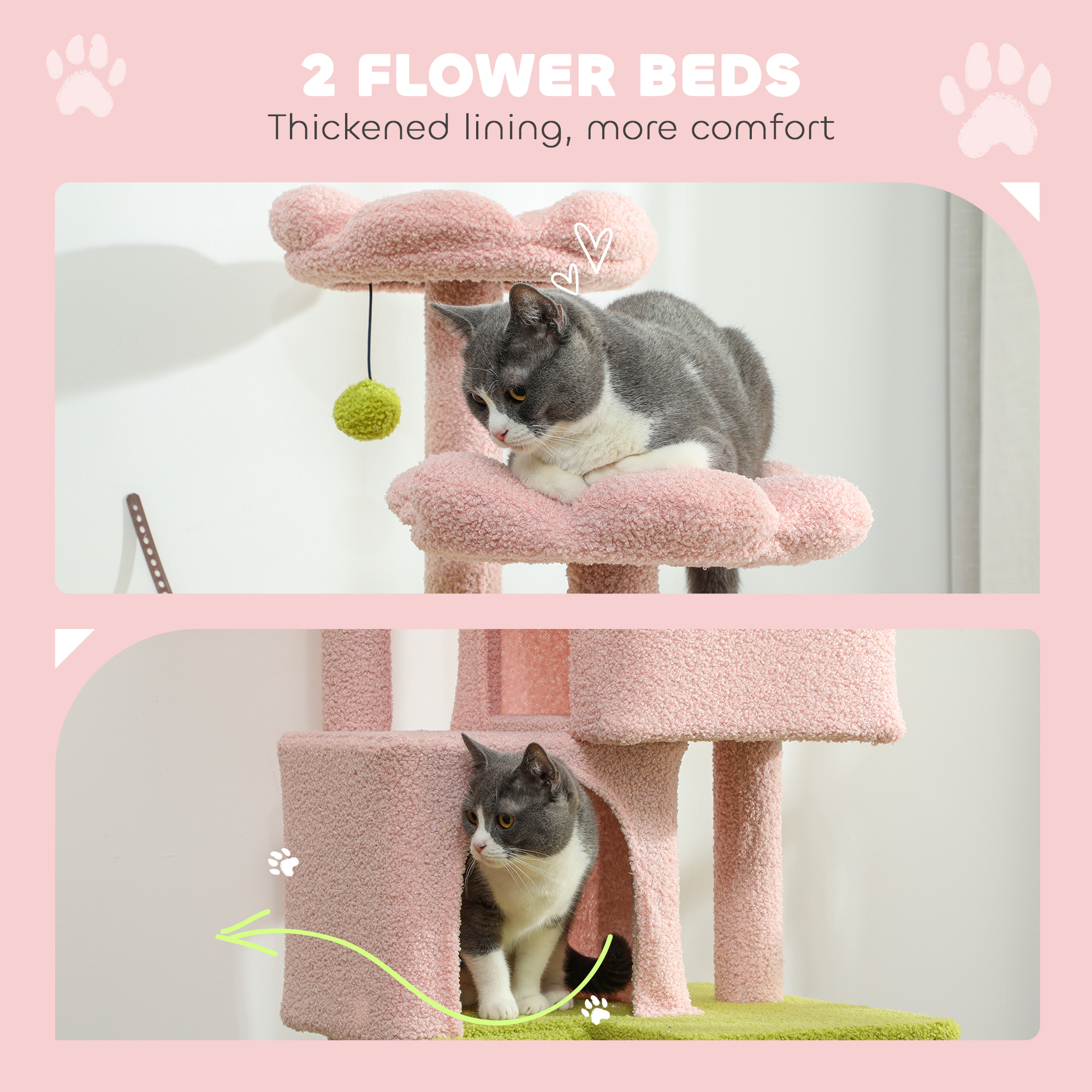 Flower Cat Tree with Sisal Scratching Posts, Multi-Level Cat Tower, Pink