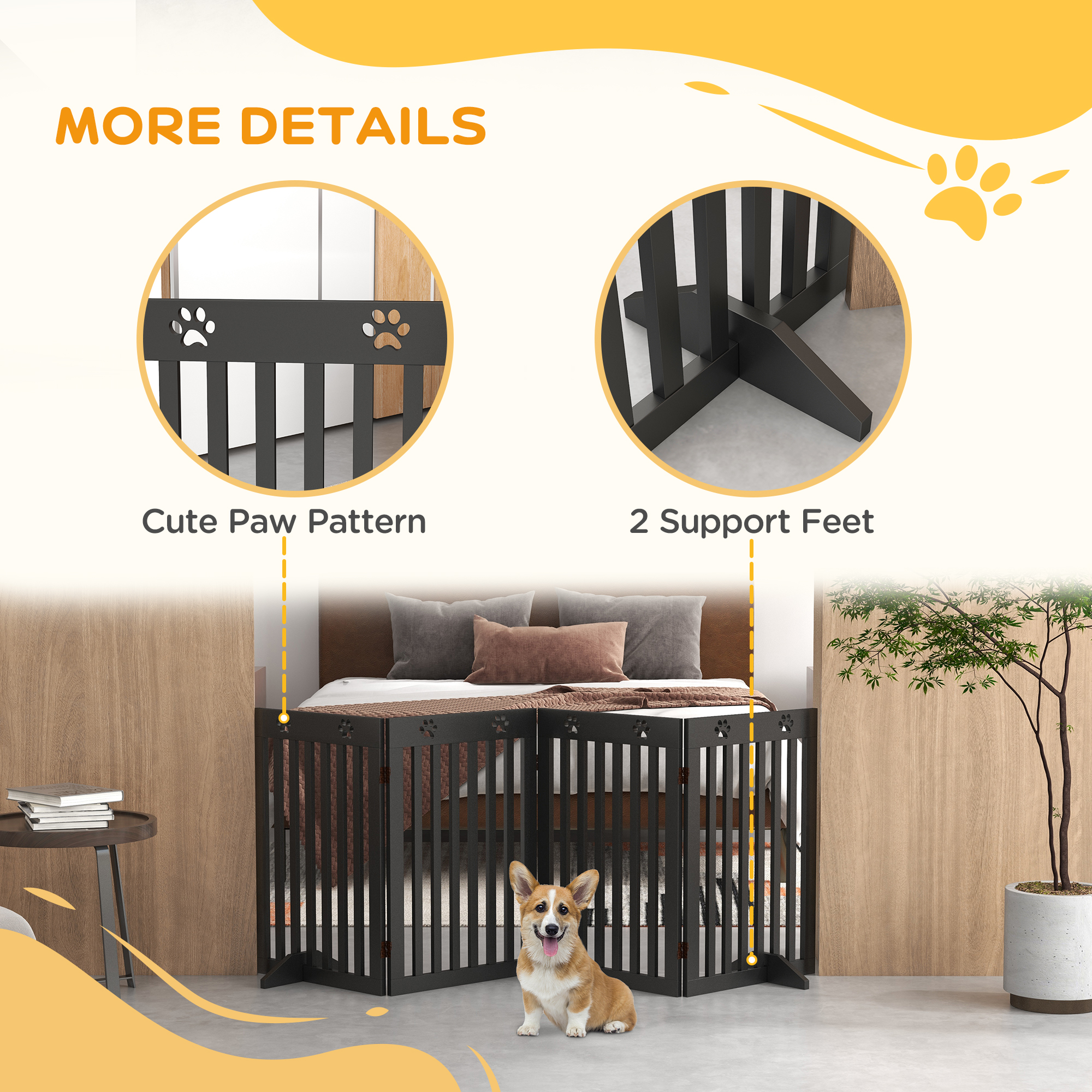 80" Extra Wide Freestanding Pet Gate with Support Feet, Black