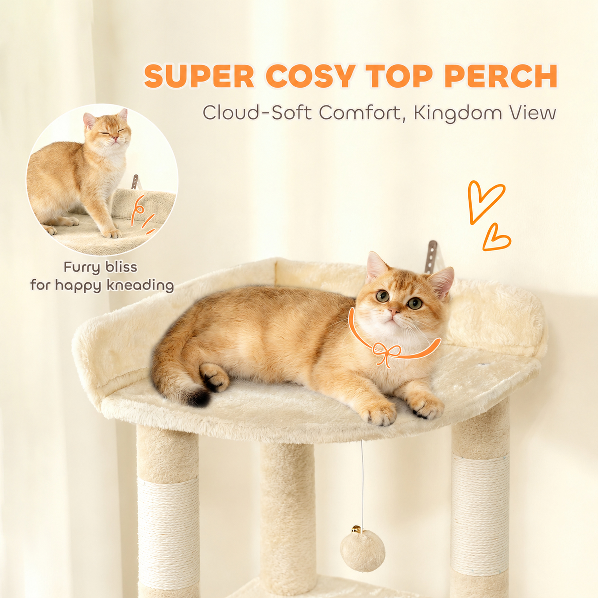 67" Large Cat Tree with 7 Scratching Posts, Tunnel, 2 Condos, Hammock, Perch, Ramp, Pompoms, Beige