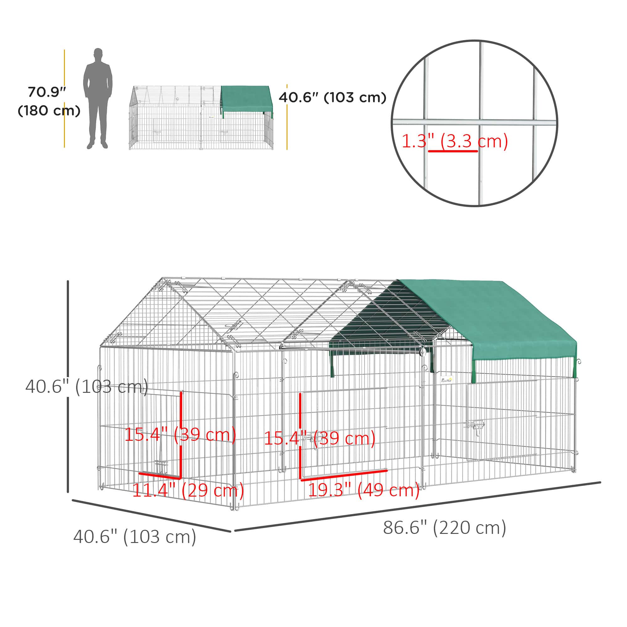 Pet Playpen with Roof, Metal Guinea Pig Cage, Rabbit Pen, Chicken Coop Run, Catio Cat Enclosure with Cover, Doors, Indoor Outdoor for Small Animals, 87" x 41" x 41", Green