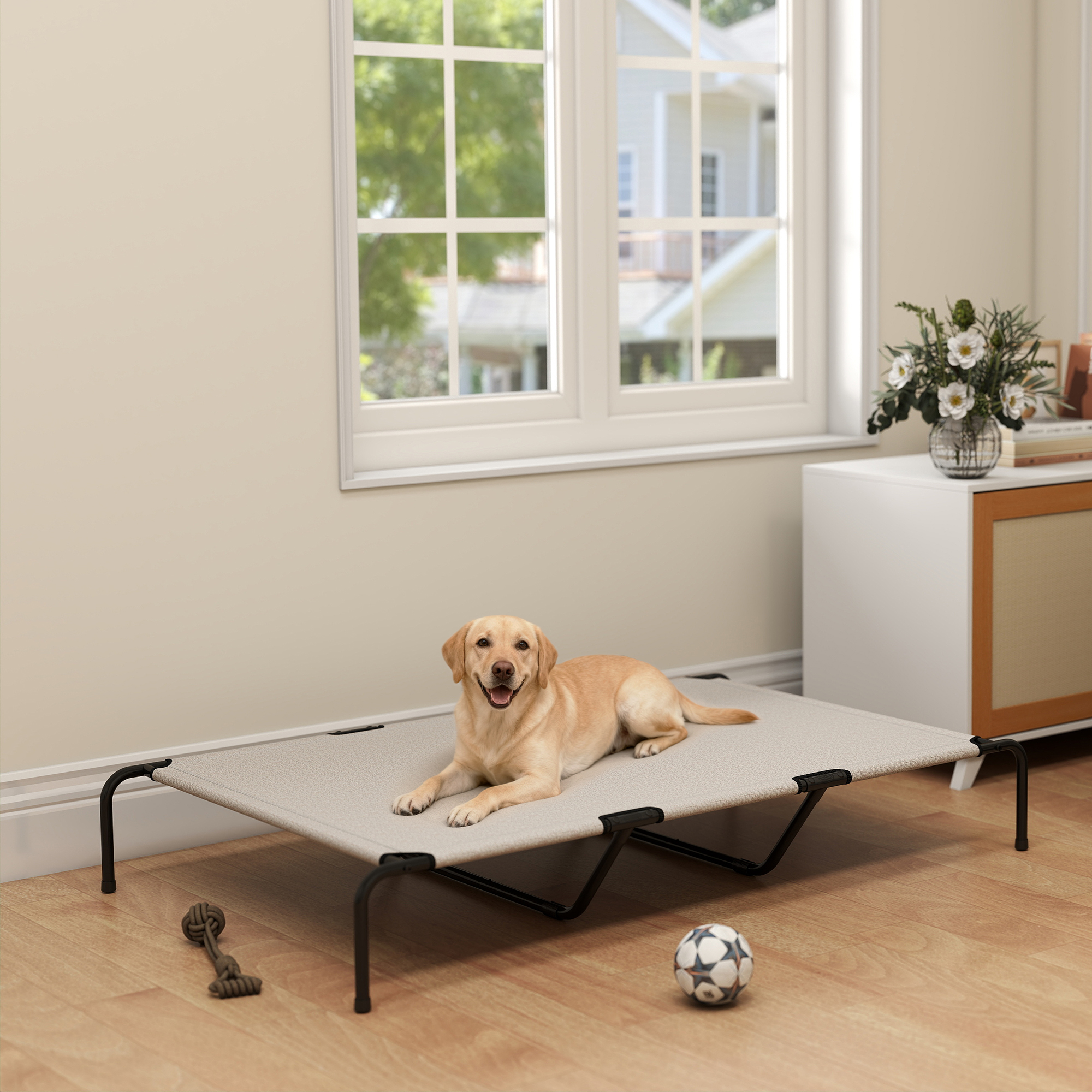 Elevated Dog Bed, Outdoor Dog Cot, Raised Dog Bed for Large Dogs with Breathable Mesh, Beige