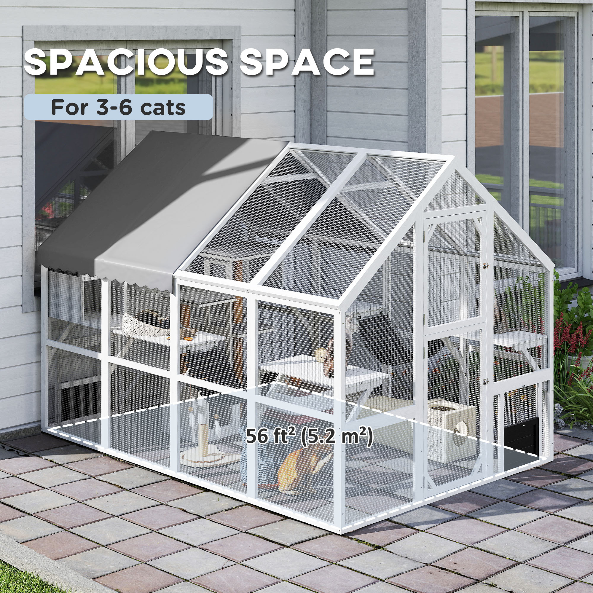 Outdoor Cat Enclosure Wooden Feral Cat House w/ Weatherproof Canopy, Bridges, Resting Boxes, Platforms, for 3-6 Cats