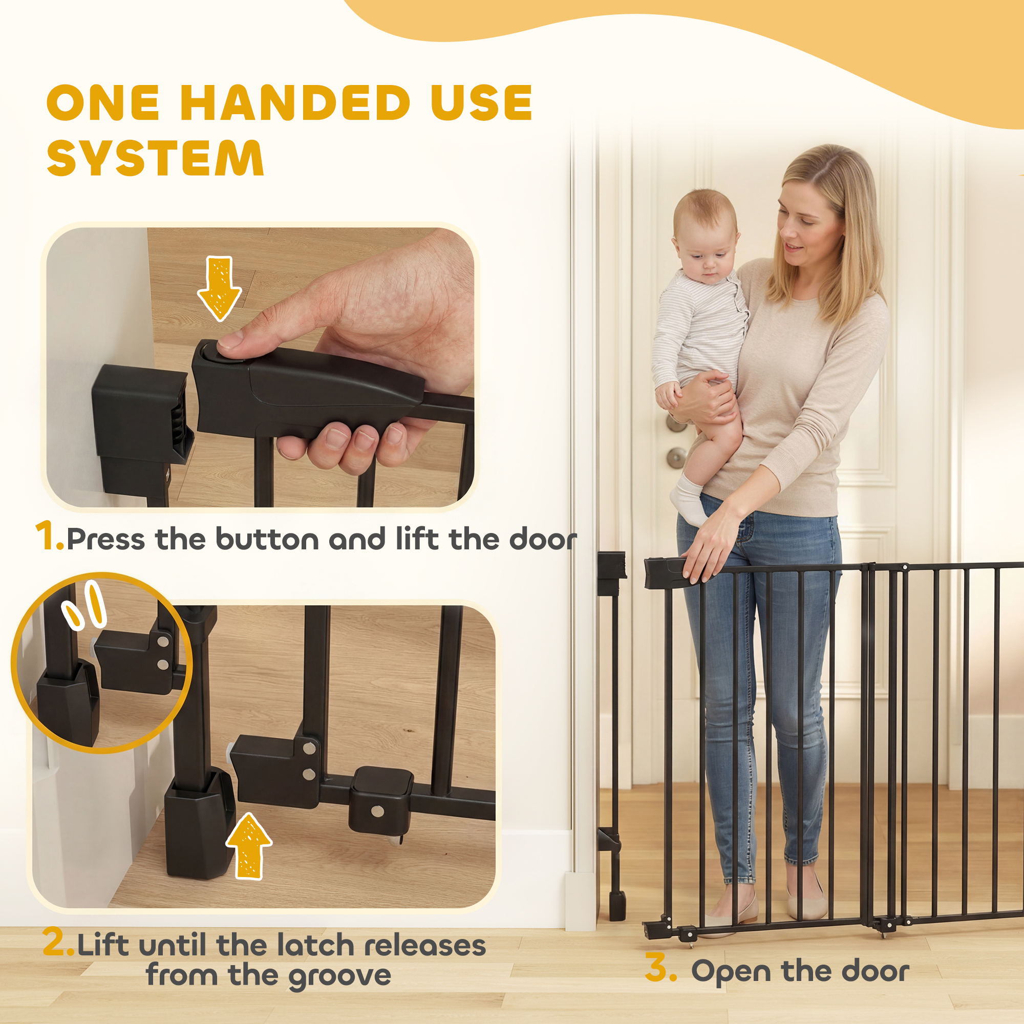29"-44" Wide Dog Gate, 29" H, Pet Gate with Auto-Close, Single Hand Operation, Wall-Mounted, No-Threshold Design