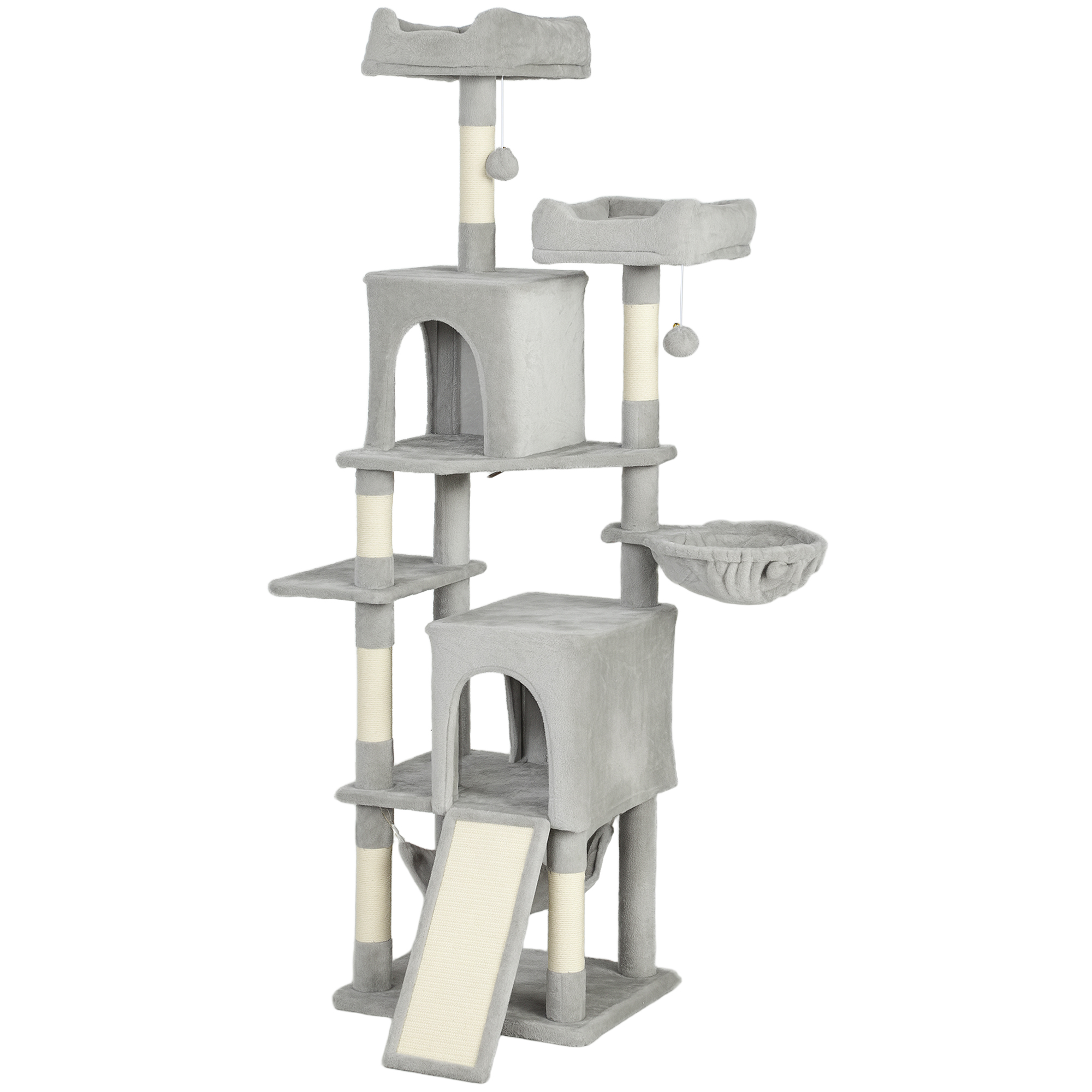 Cat Tree, 70" Multi-Level Cat Tower with 2 Condos, 2 Beds, Hammock, Toy Balls, Scratching Posts and Board, Light Grey