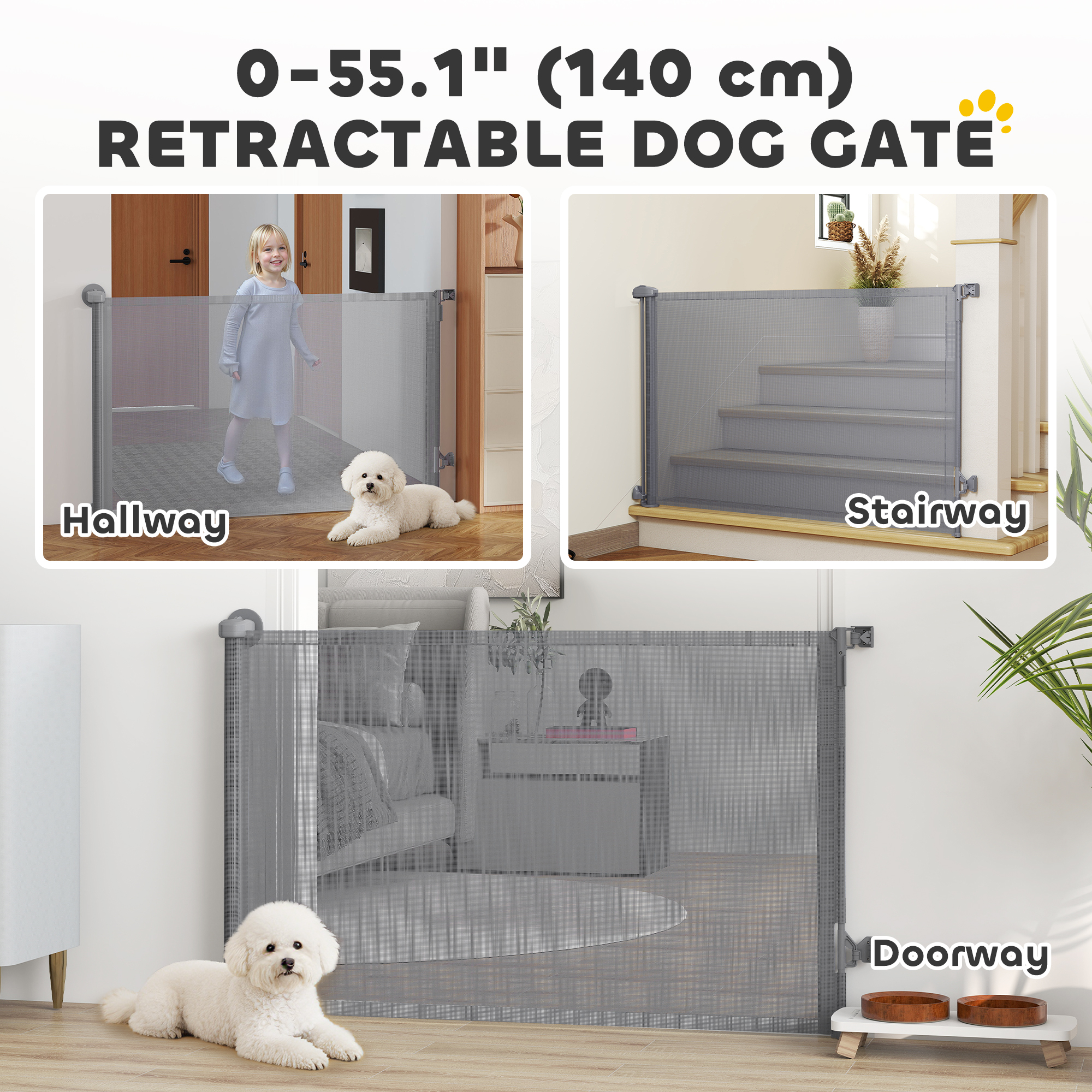 Retractable Dog Gate, 36.6" Tall, Extends to 55" Wide, Mesh Pet Gate with Single Hand Operation, for Stairs, Doorways