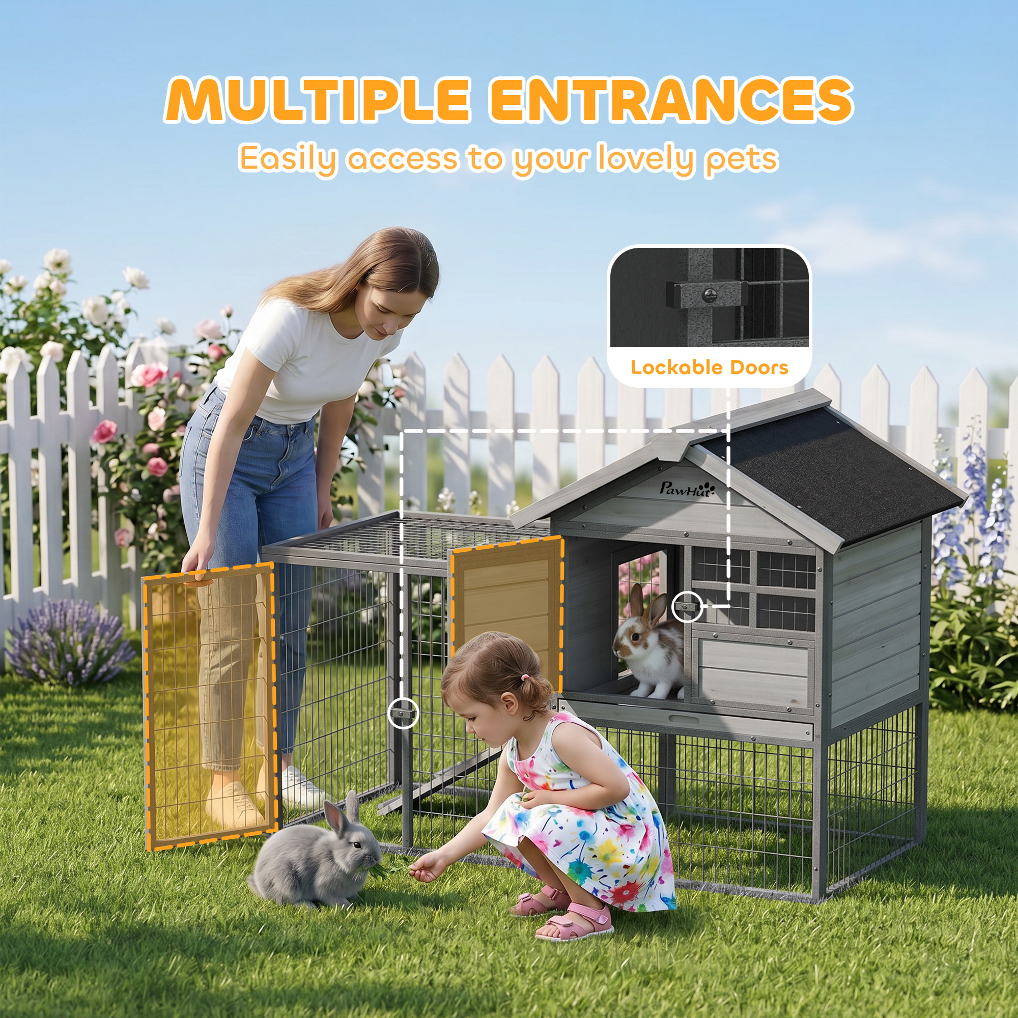 Rabbit Hutch Outdoor, 48"L Large Wooden Bunny Cage with Run, Grey - Image 6