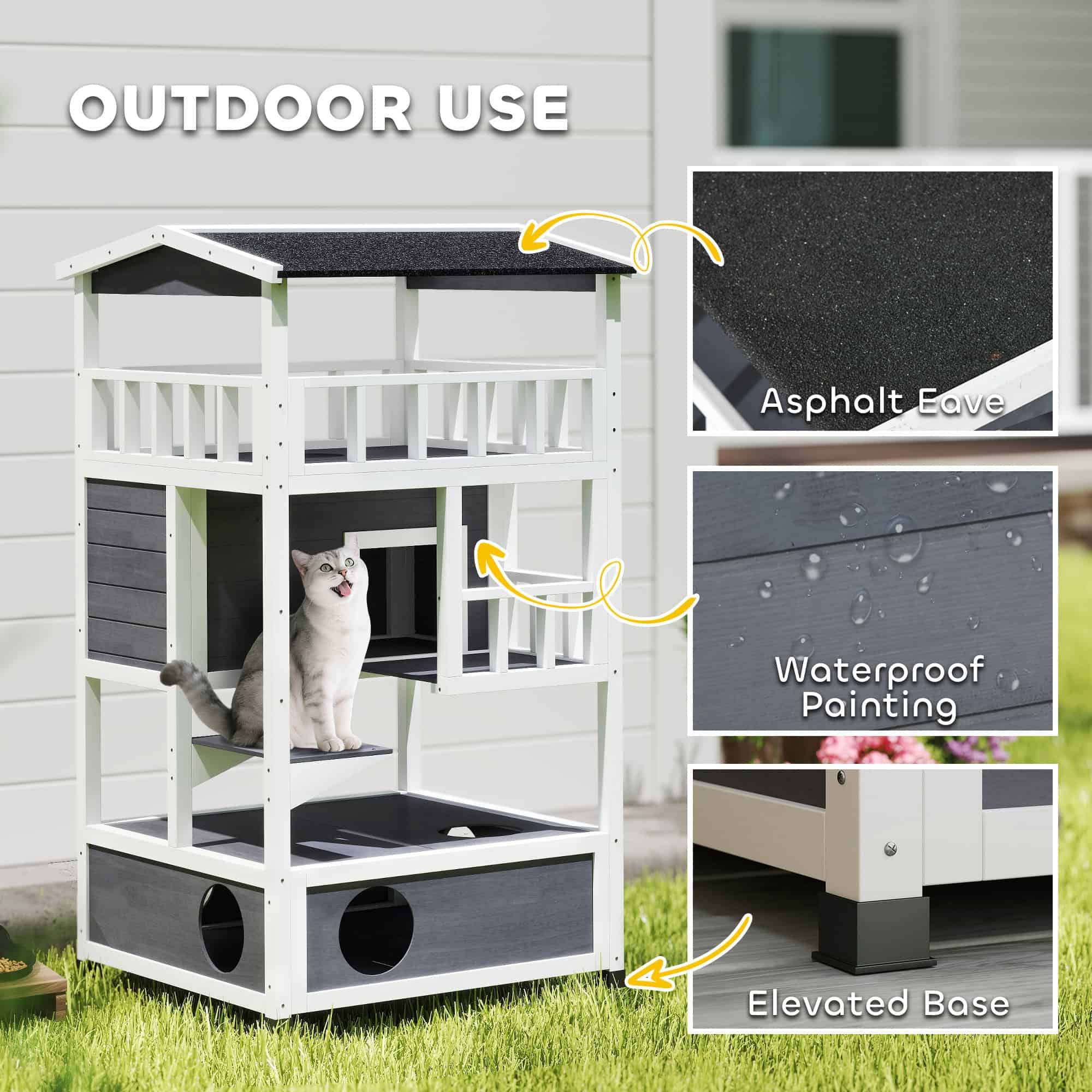 4-Floor Wood Outdoor Cat House Catio for Cats with Condo, Fun Entrances, Perch, Grey - Image 6