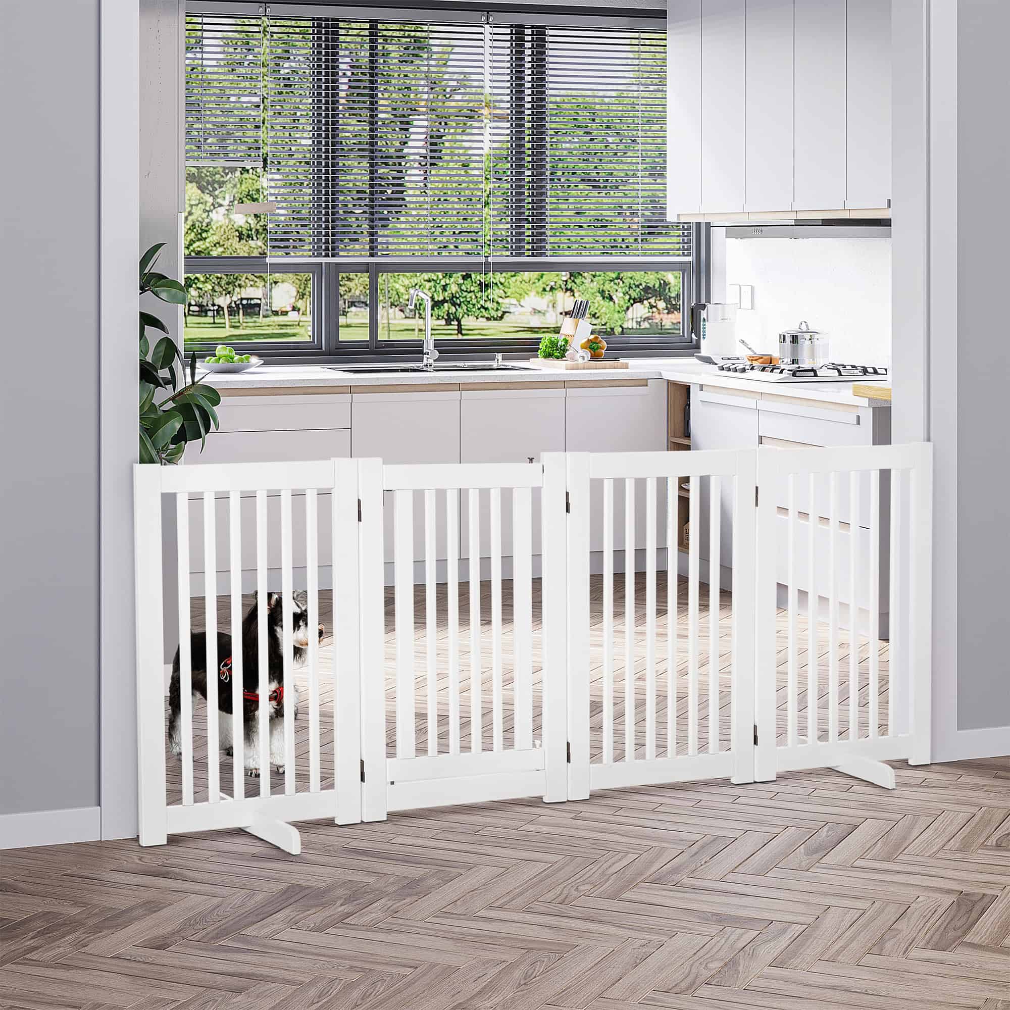 Free Standing Wooden Pet Gate Indoor Dog Barrier Foldable Step Over Doorway Fence Safety Gate with Open Door