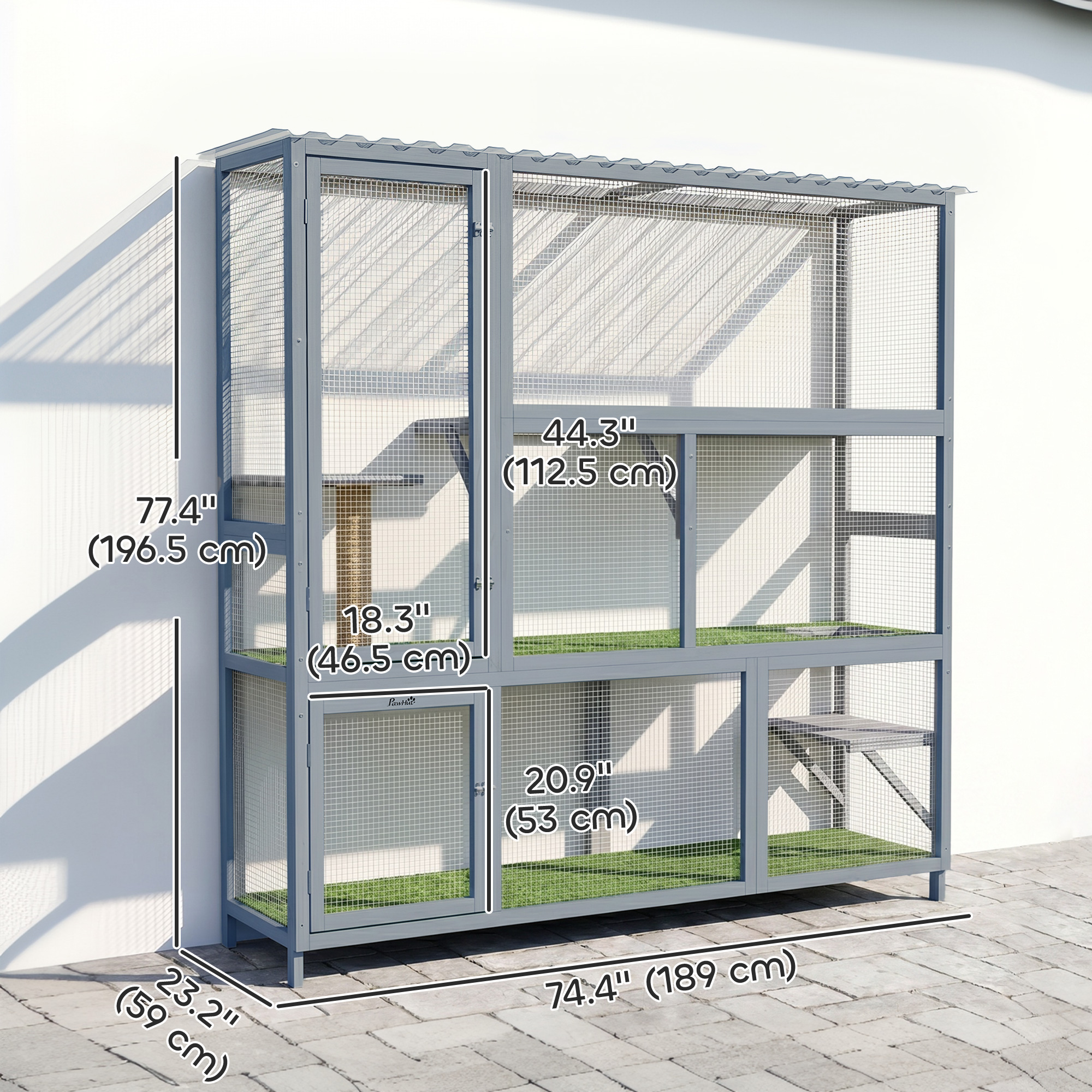 Catio Outdoor Cat Enclosure, 77" H Wooden Cat House with Weatherproof Roof, Platforms and Scratching Post - Image 3