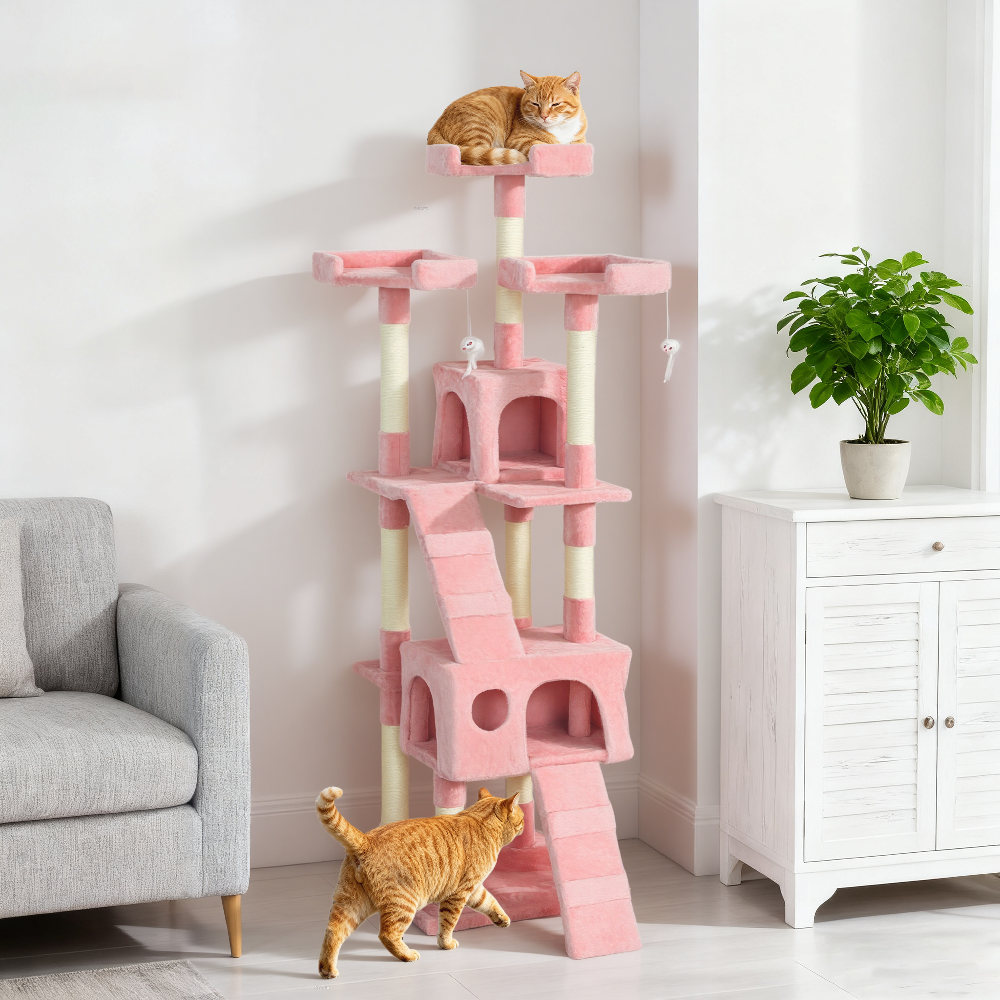68-inch Multi-Level Cat Scratching Tree Kitty Activity Center Post Tower Condo Pet Furniture w/ Toy Pink - Image 8