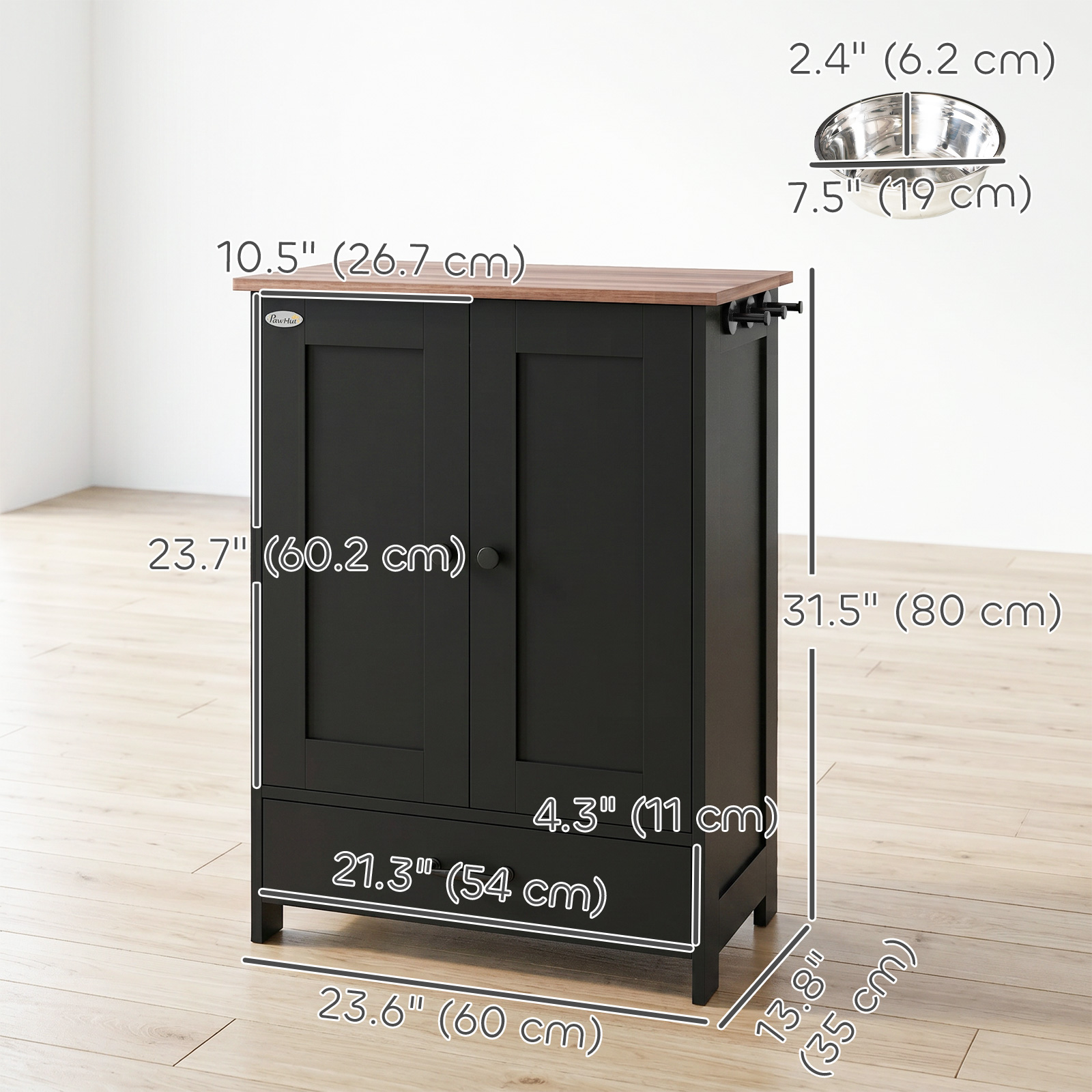 Pet Food Storage Container Dog Feeding Station w/ Adjustable Panel, Hooks, for Medium Sized Dogs, Black