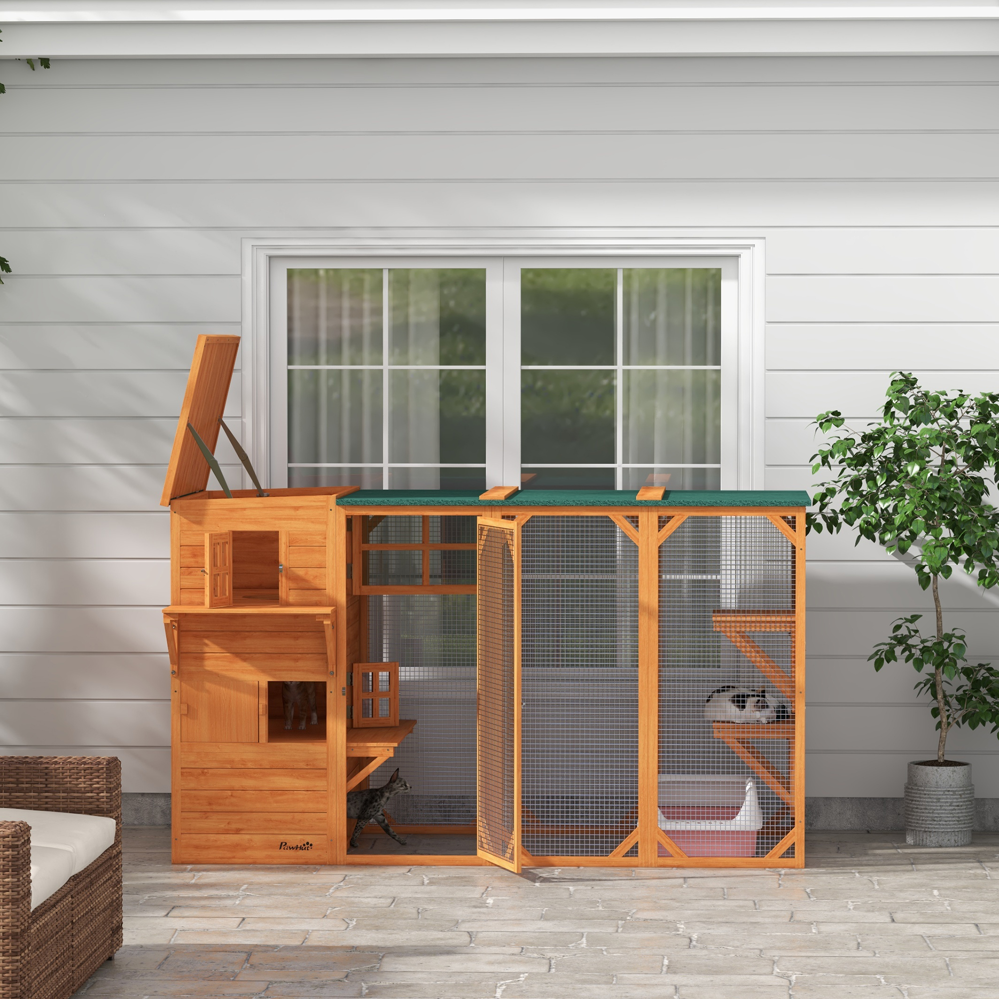 Wooden Cat Catio, 76"L Walk in Outdoor Cat House with Asphalt Roof, Platforms, Lockable Doors for 2-3 Cats, Orange