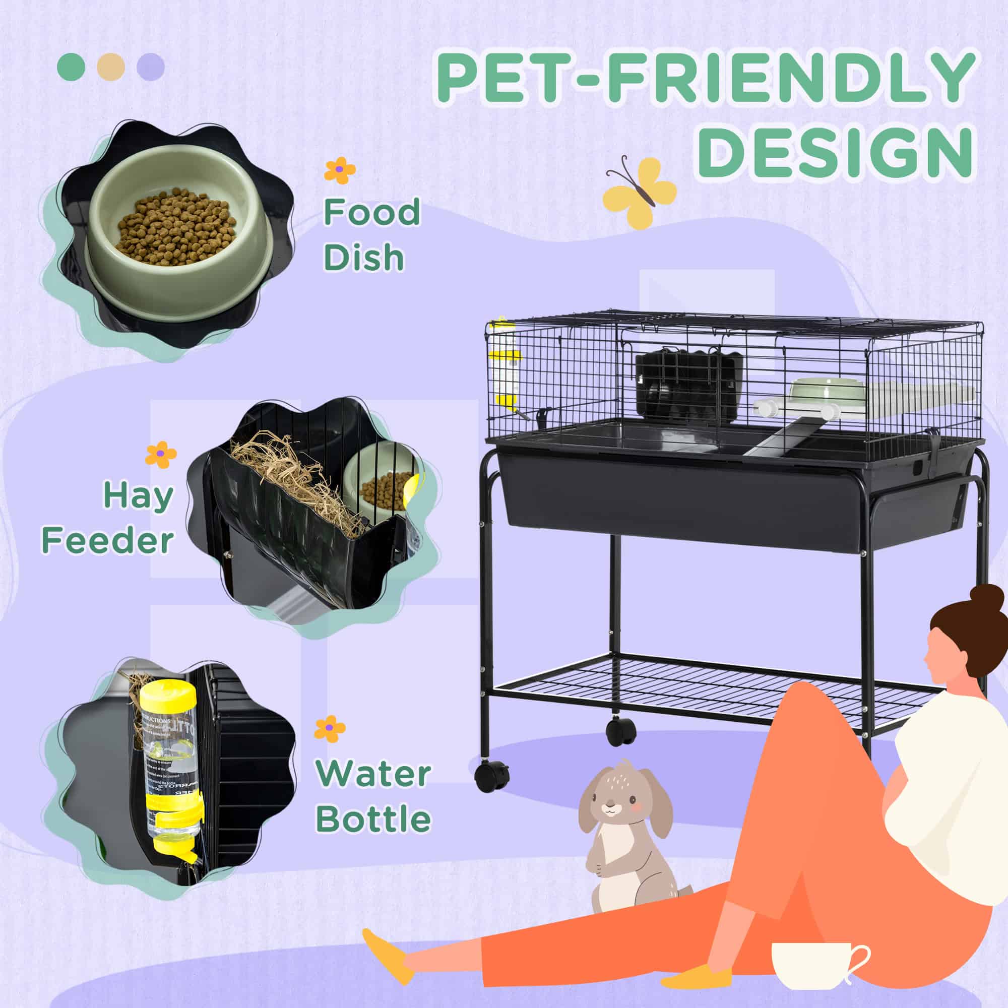 35" Small Animal Cage Rolling Guinea Pig Cage with Detachable Stand, Water Dispenser, Food Dish, Ramp, Wheels, Dark Grey