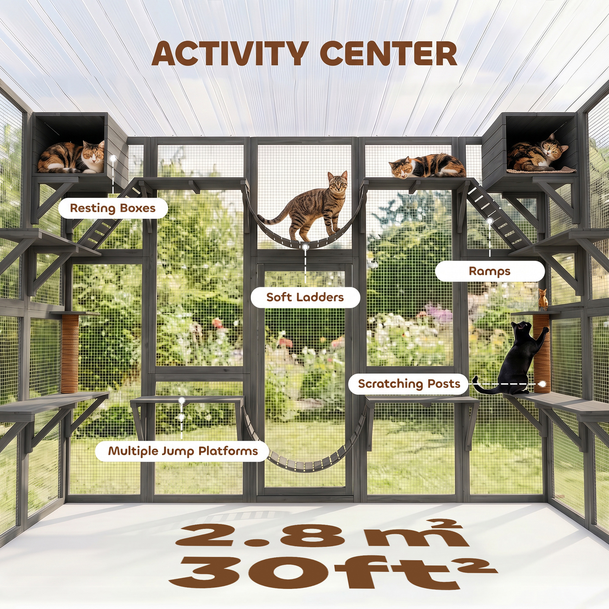 Large Outdoor Catio with Condos, Platforms, Doors, Ladders, Weather-Resistant Roof, Grey