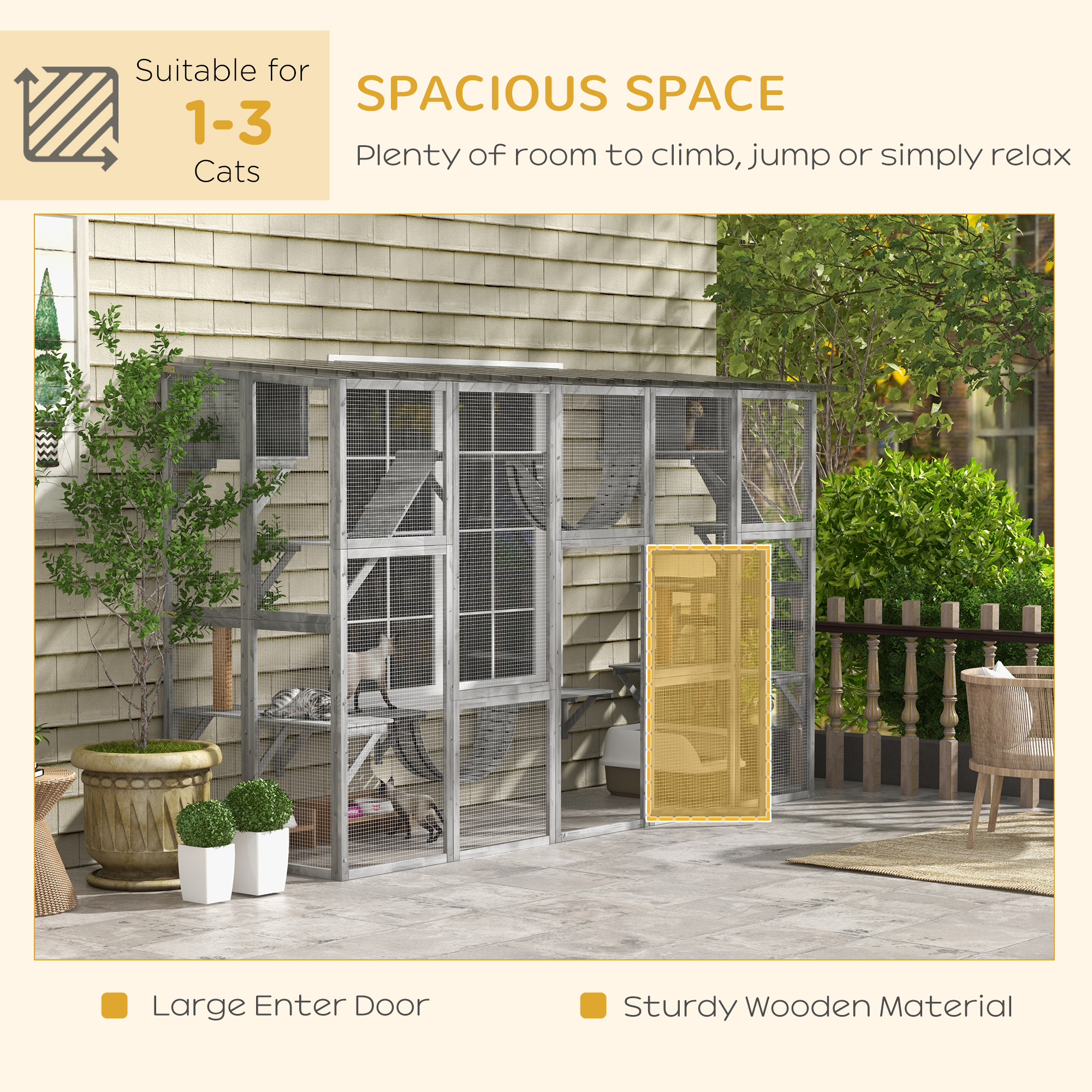 Large Outdoor Catio with Condos, Platforms, Doors, Ladders, Weather-Resistant Roof, Grey