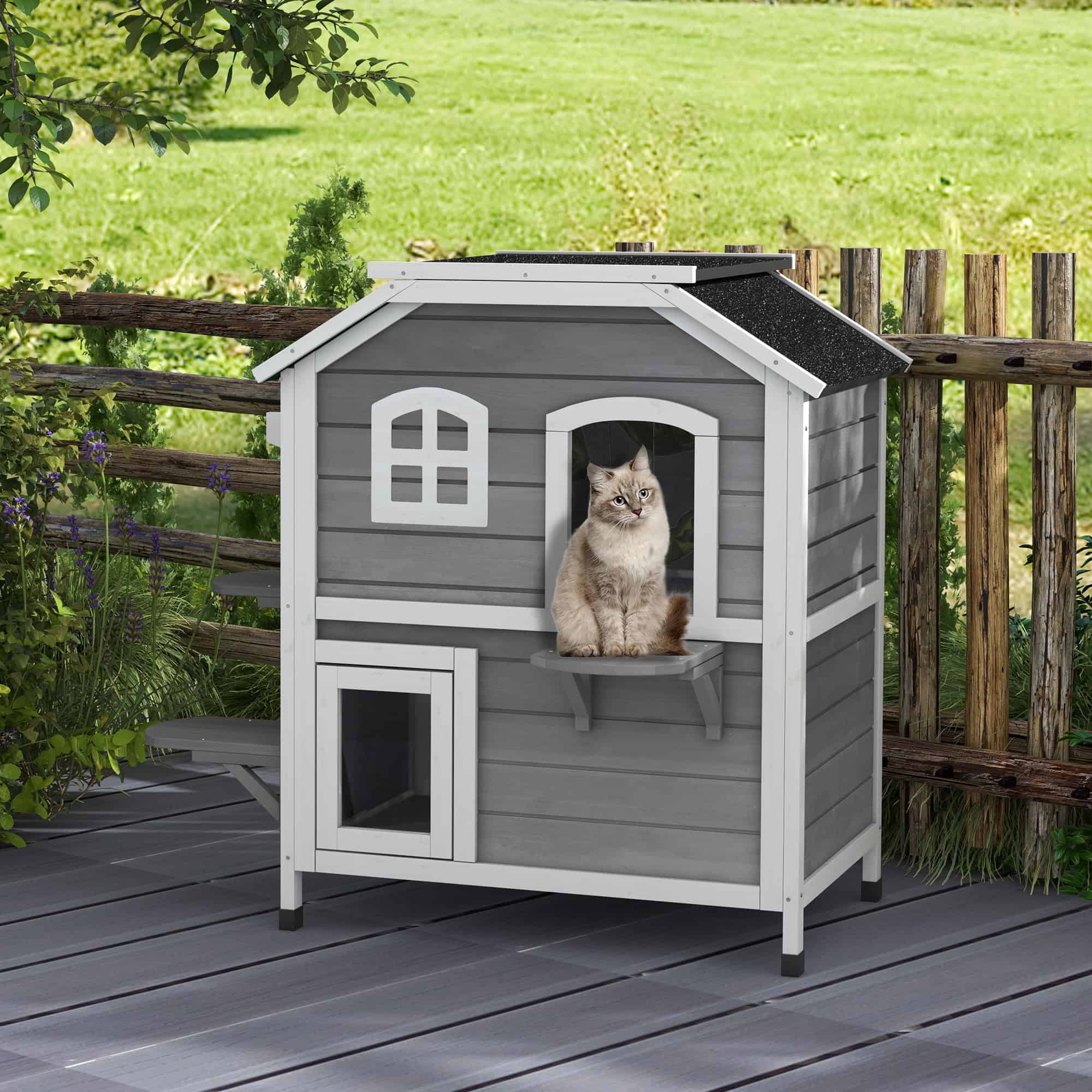 2-Storey Outdoor Cat House, Wooden Catio with Openable Roof, Lounge Space, Fun Entrances, for Feral Cats, Grey