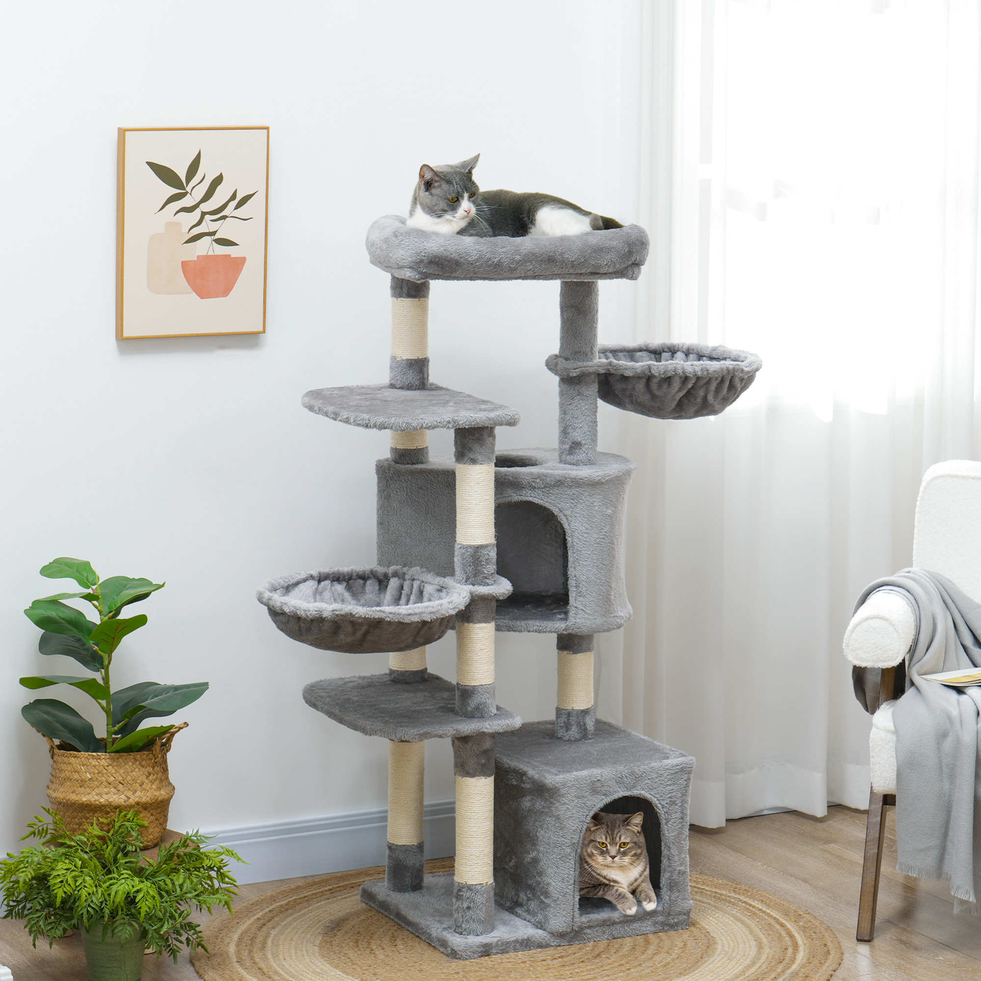 52.5" Cat Tree Tower with Scratching Posts, Cat Condos, Bed, Platforms, Hammocks, for Indoor Cats, Grey